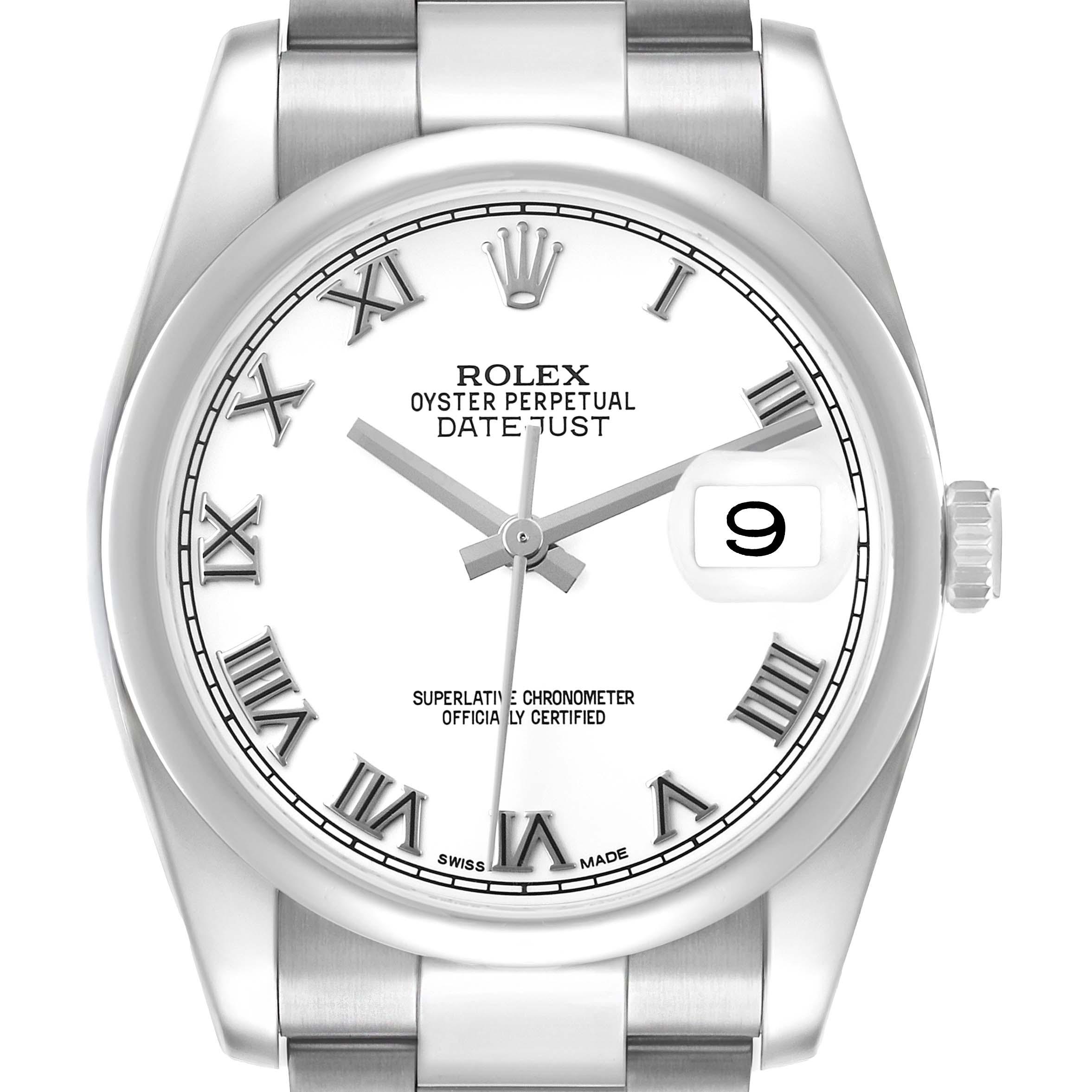 The Rolex Datejust 116200 Men's Stainless Steel White Dial watch is shown from a front angle, displaying the dial, bezel, and part of the bracelet.