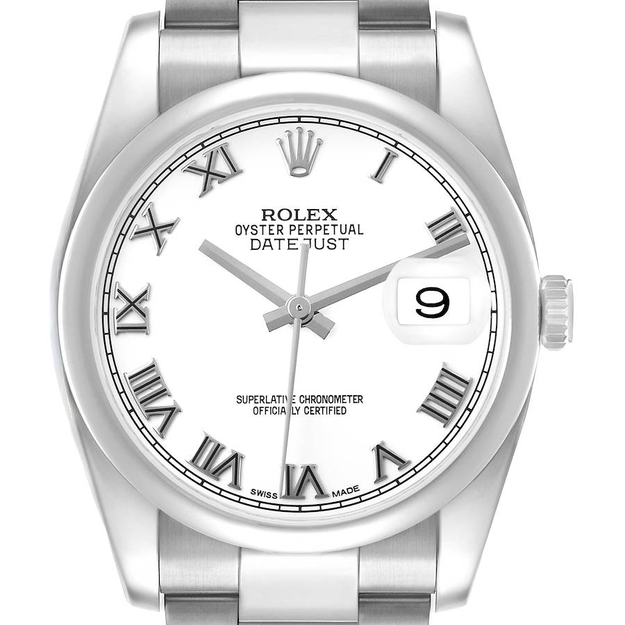 The Rolex Datejust 116200 Men's Stainless Steel White Dial watch is shown from a front angle, displaying the dial, bezel, and part of the bracelet.