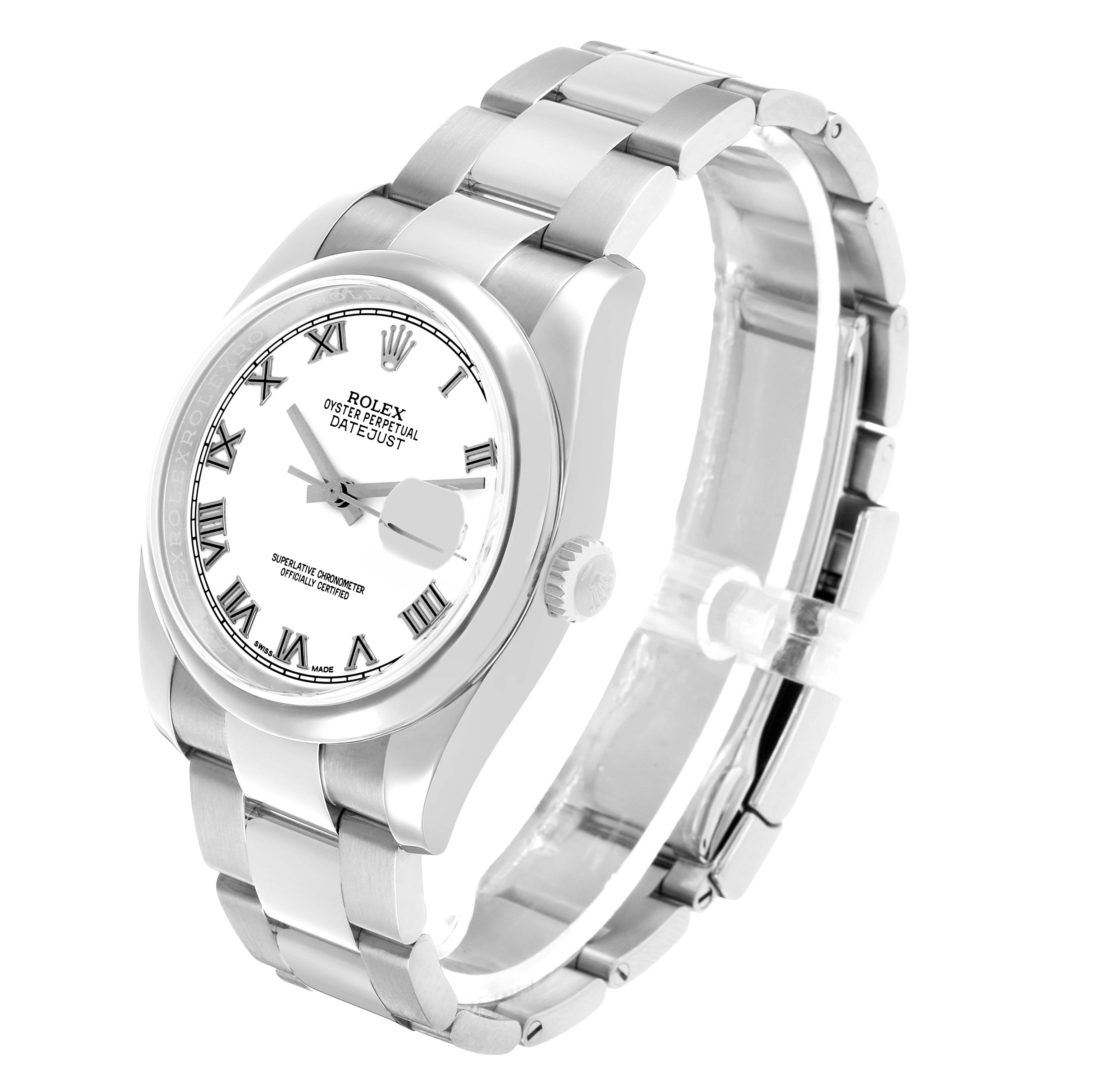 The Rolex Datejust 116200 Men's Stainless Steel White Dial watch is shown at a three-quarter angle, displaying the dial, bezel, case, bracelet, and crown.