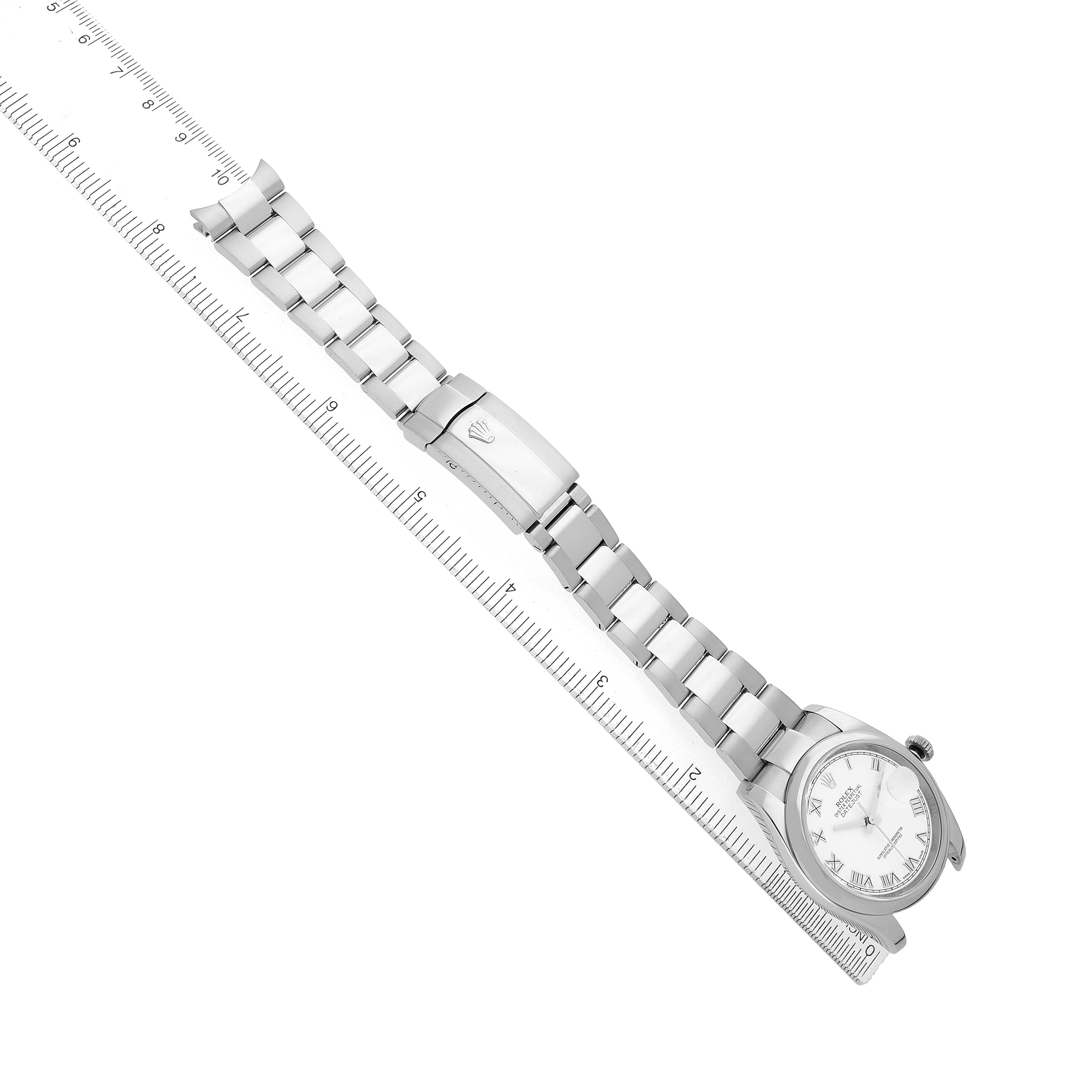 The Rolex Datejust 116200 Men's Stainless Steel White Dial watch is shown at an overhead angle, displaying the bracelet, clasp, and partially visible dial.