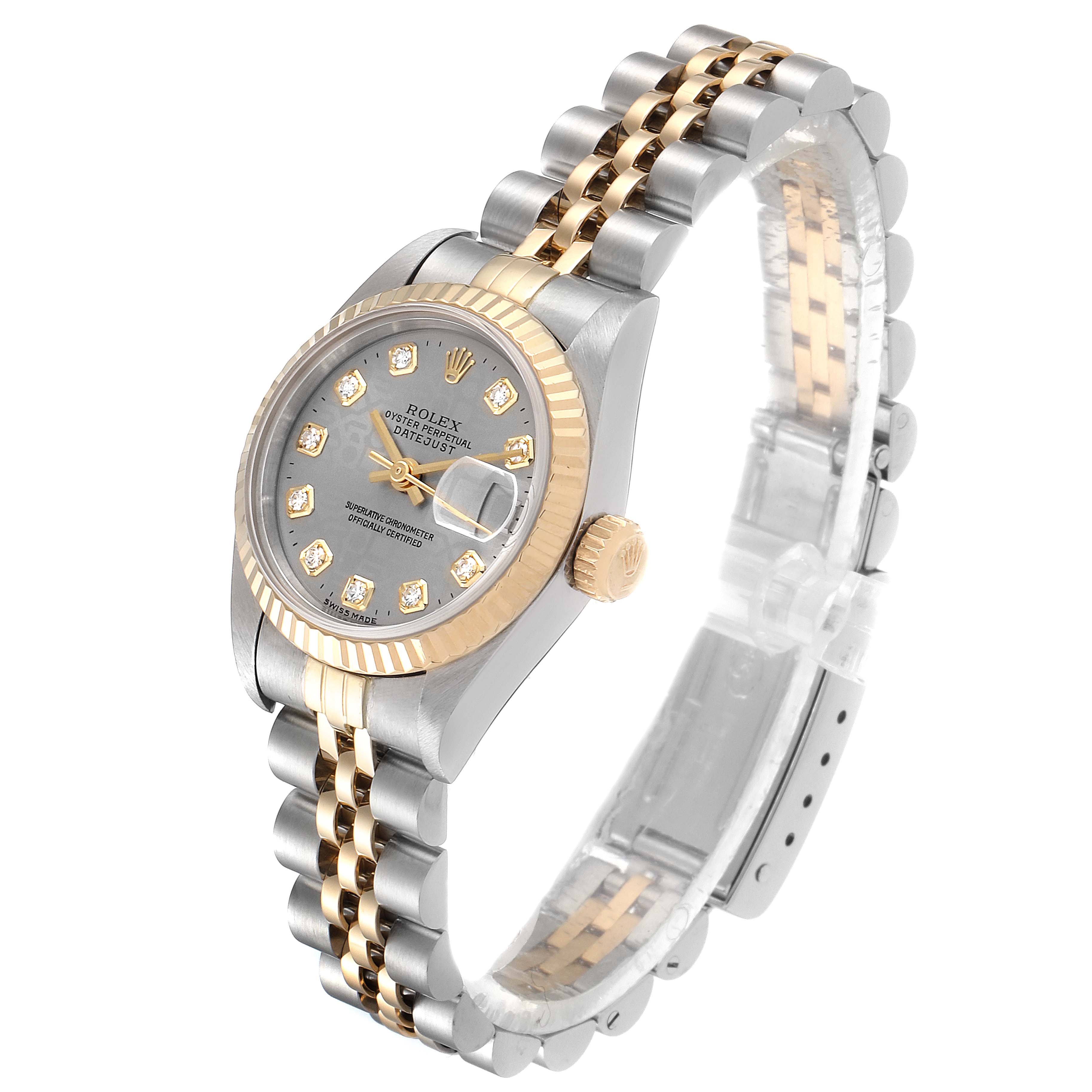 The Rolex Datejust 69173 Women
s Steel and Gold (two tone) Silver Dial 69173 Women
s Steel and Gold (two tone) Silver Dial watch is shown at a three-quarter angle, highlighting the dial, bezel, crown, and bracelet.