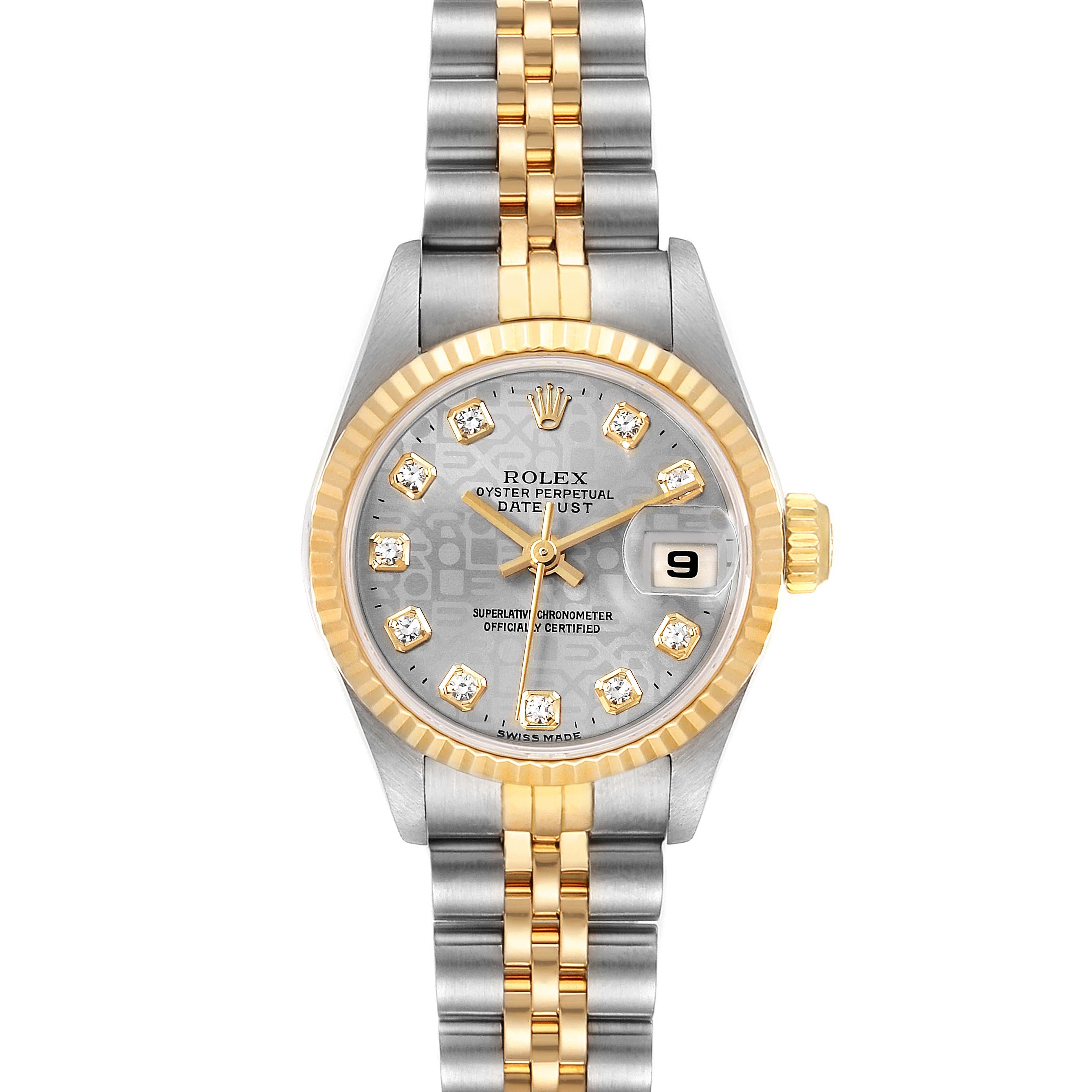 The image shows a frontal view of a Rolex Datejust 69173 Women
s Steel and Gold (two tone) Silver Dial 69173 Women
s Steel and Gold (two tone) Silver Dial watch, highlighting the dial, bezel, and two-tone bracelet.