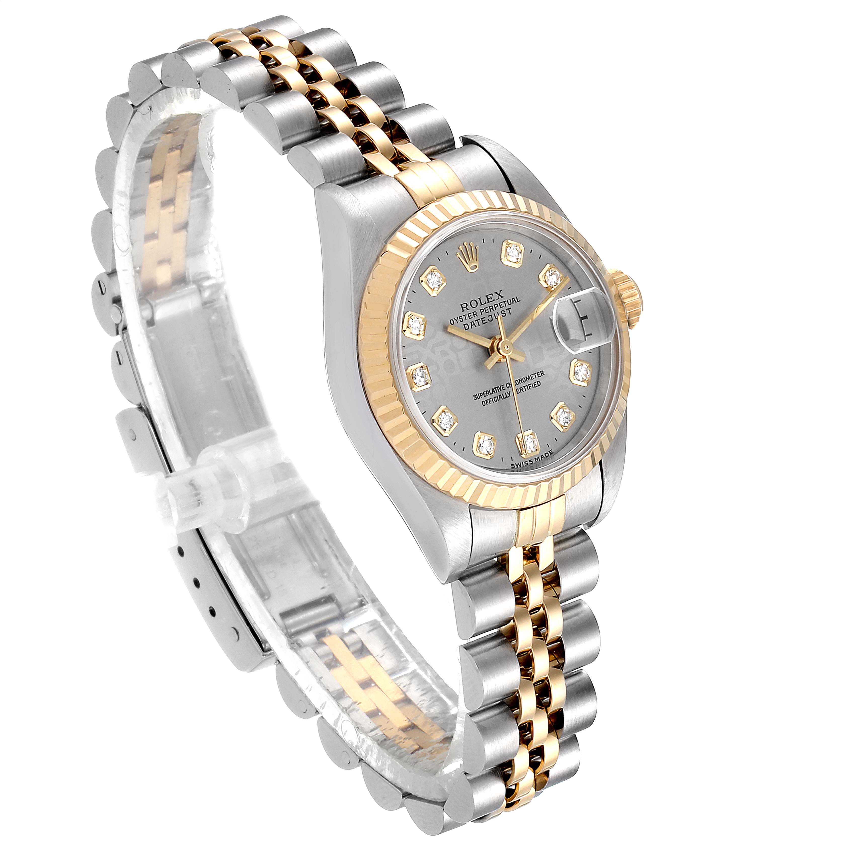 The Rolex Datejust 69173 Women
s Steel and Gold (two tone) Silver Dial 69173 Women
s Steel and Gold (two tone) Silver Dial watch is shown at a three-quarter angle, displaying its face, bracelet, and bezel clearly.