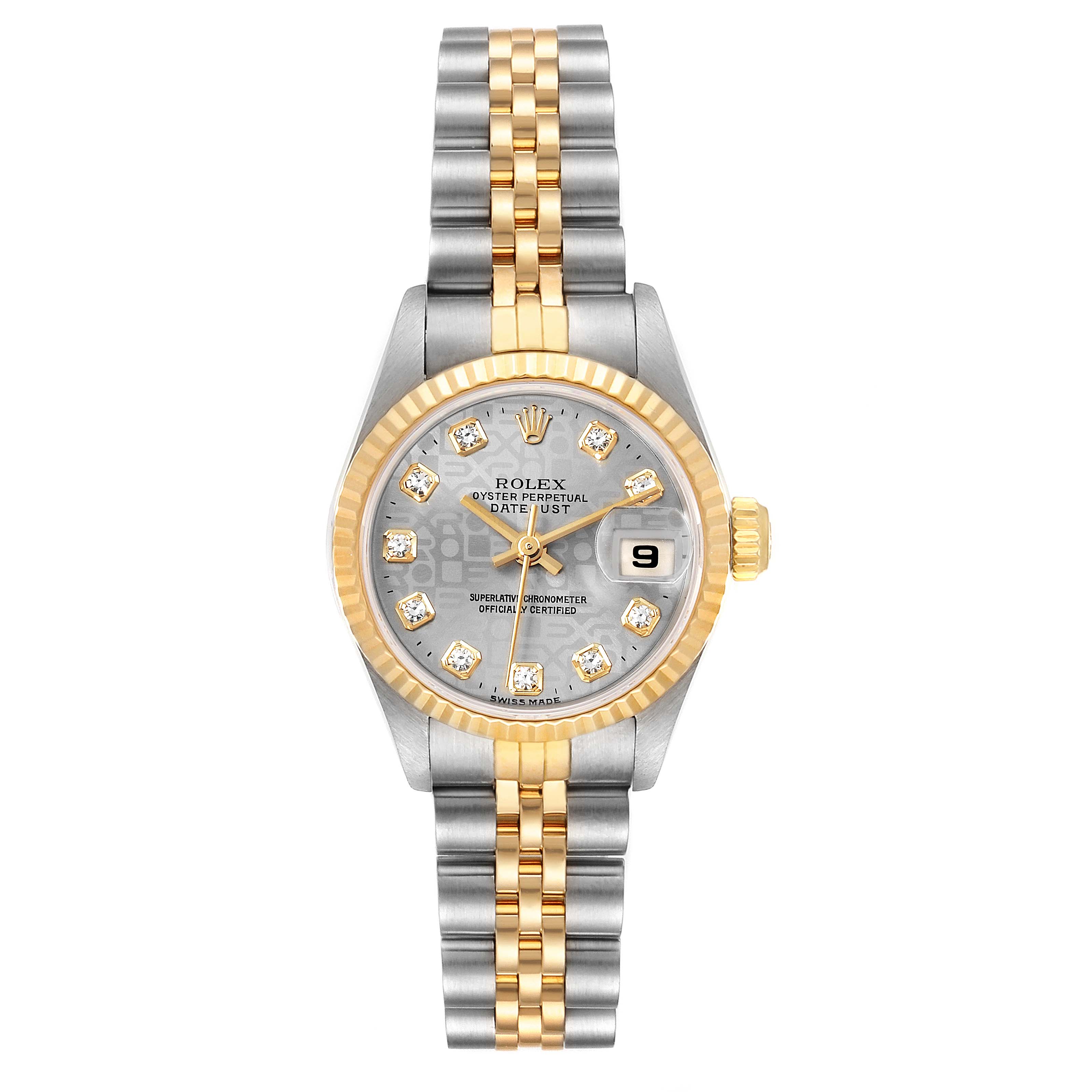 The image shows a front view of a Rolex Datejust 69173 Women
s Steel and Gold (two tone) Silver Dial 69173 Women
s Steel and Gold (two tone) Silver Dial watch, displaying its dial, bezel, and two-tone bracelet.