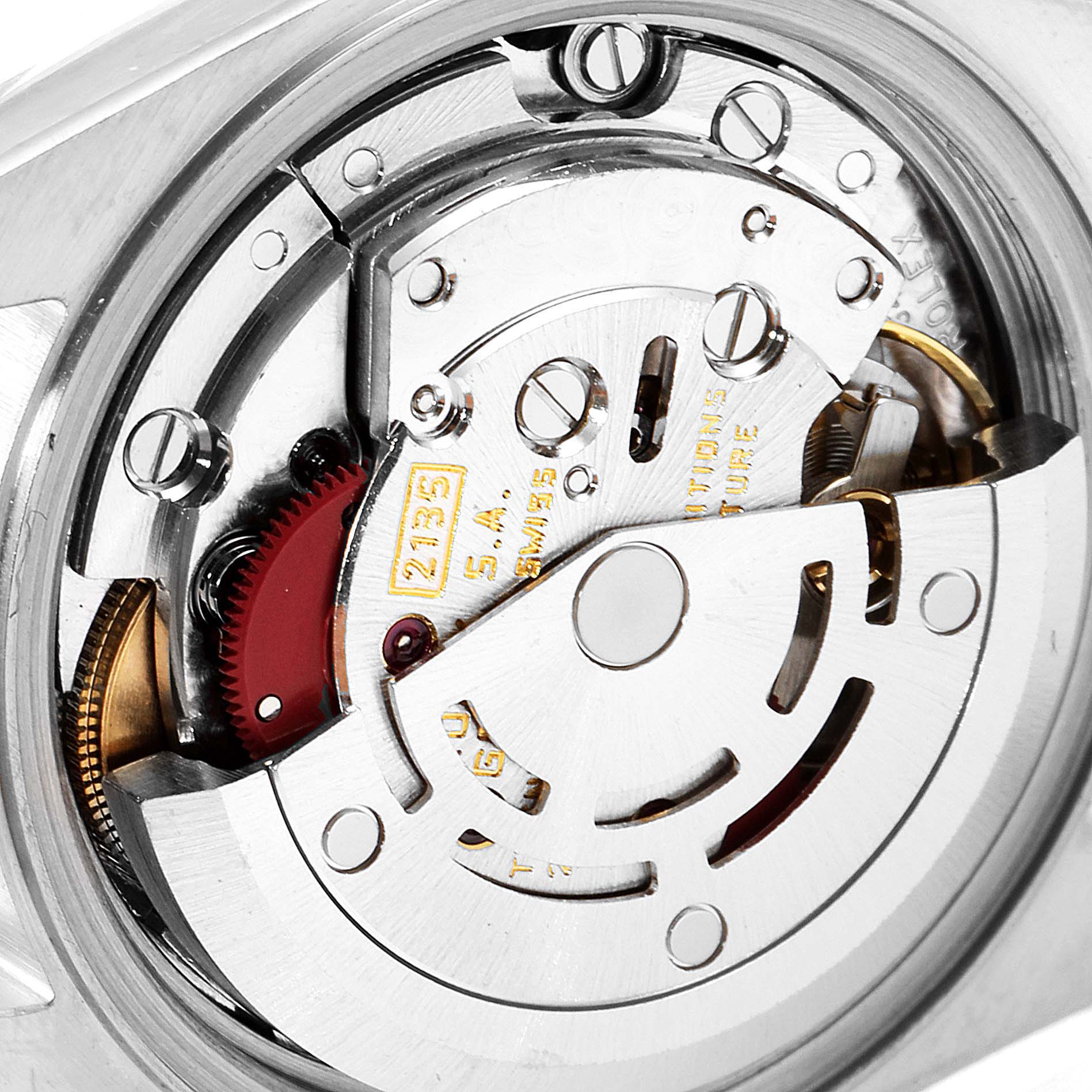 The image shows the internal movement mechanism of the Rolex Datejust 69173 Women
s Steel and Gold (two tone) Silver Dial 69173 Women
s Steel and Gold (two tone) Silver Dial watch from a close-up angle.