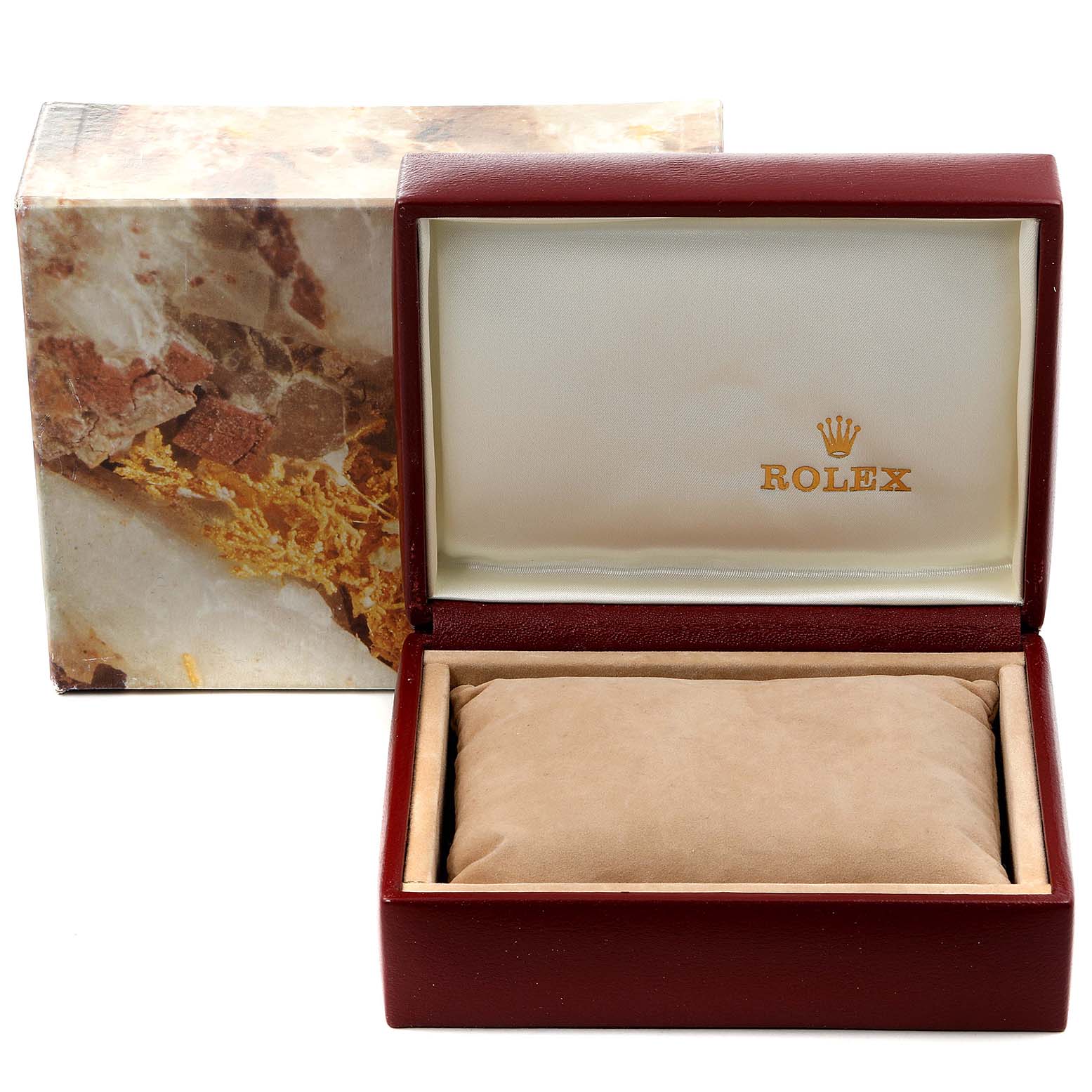 The image shows the opened box and cushion for a Rolex Datejust 69173 Women
s Steel and Gold (two tone) Silver Dial 69173 Women
s Steel and Gold (two tone) Silver Dial watch, with the outer packaging in the background.