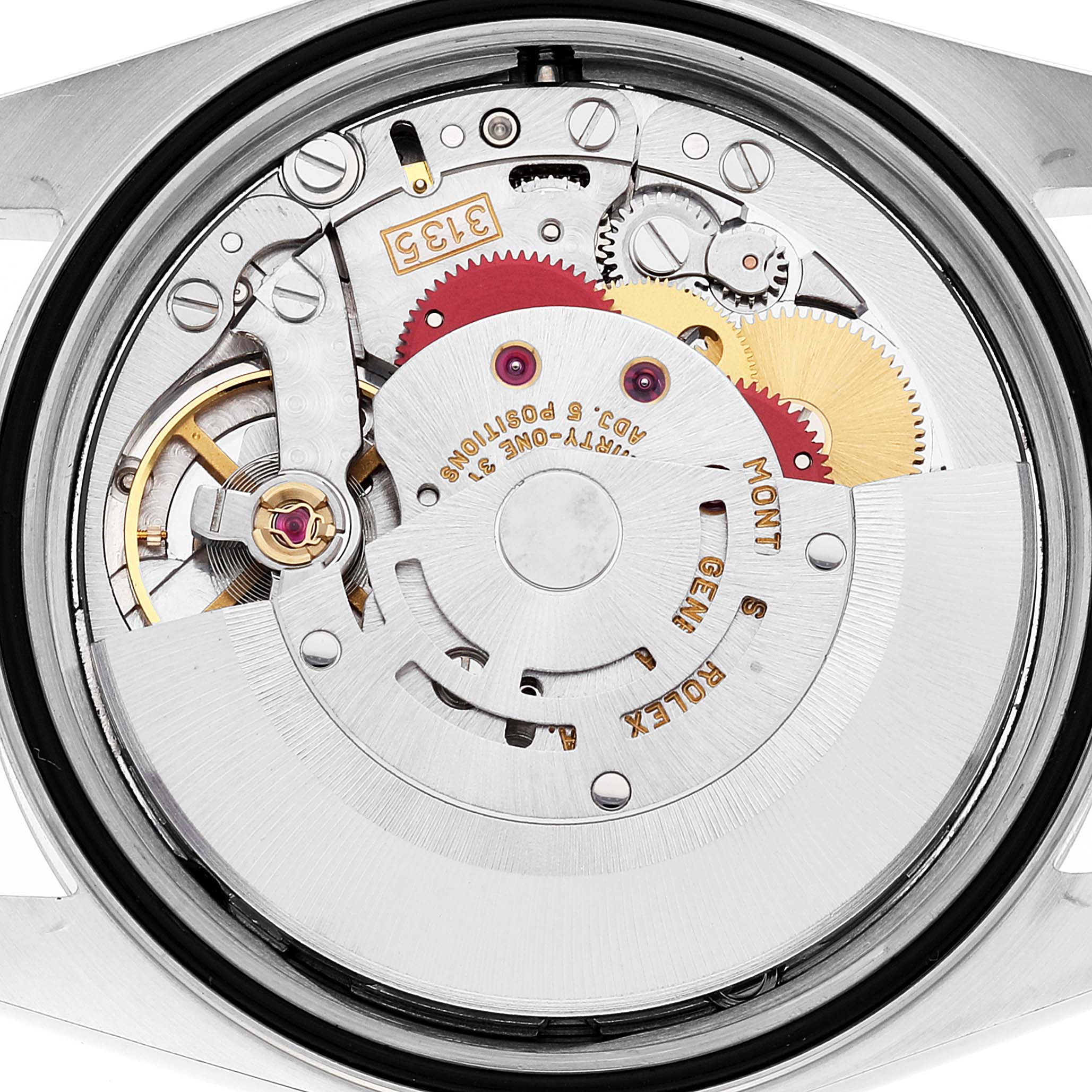 This image shows the inner mechanism of a Rolex Datejust 16233 Men's Steel and Gold (two tone) Blue Dial 16233 Men's Steel and Gold (two tone) Blue Dial model from a top-down angle.