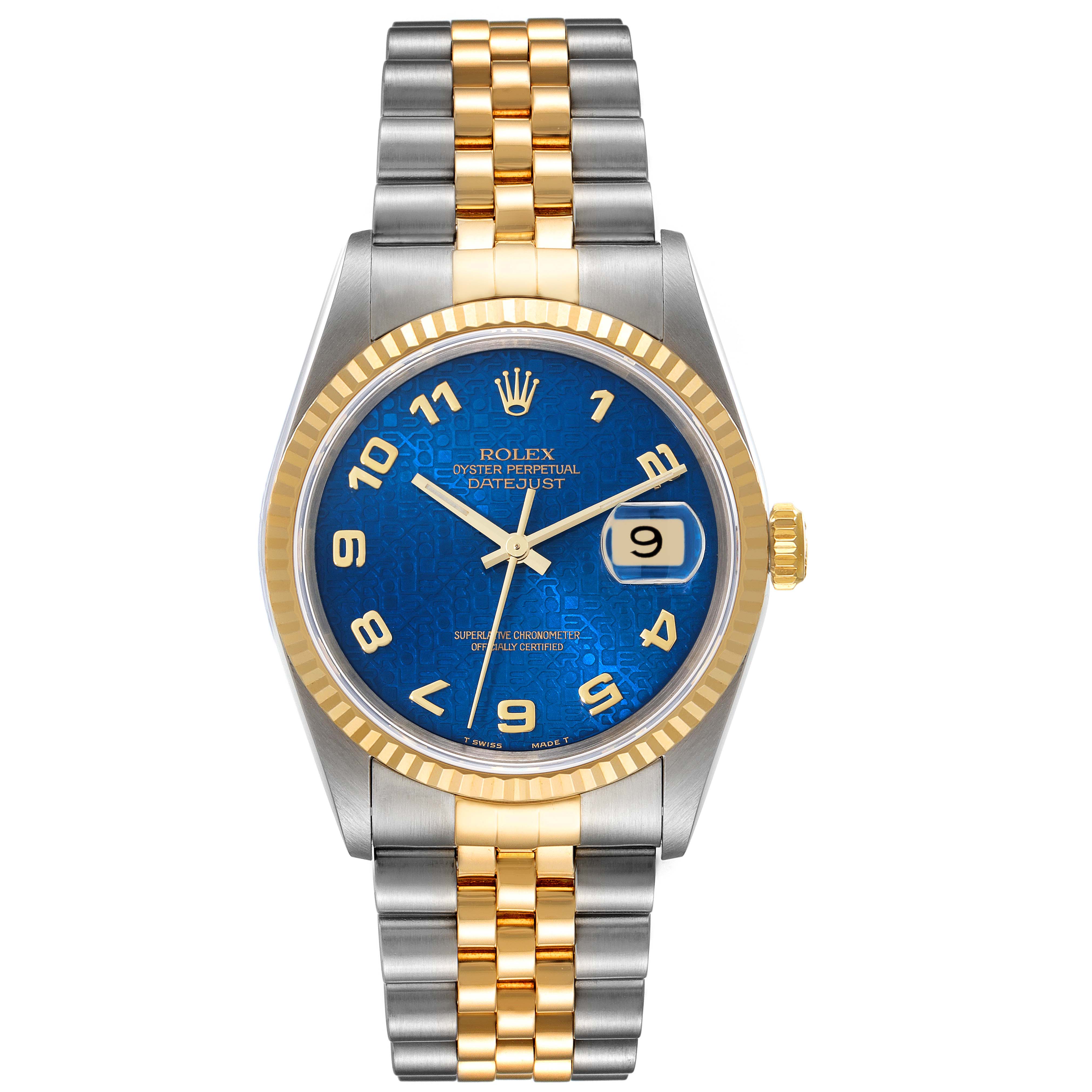 The Rolex Datejust 16233 Men's Steel and Gold (two tone) Blue Dial 16233 Men's Steel and Gold (two tone) Blue Dial watch is shown from a front angle, highlighting the blue dial, gold fluted bezel, and two-tone Jubilee bracelet.