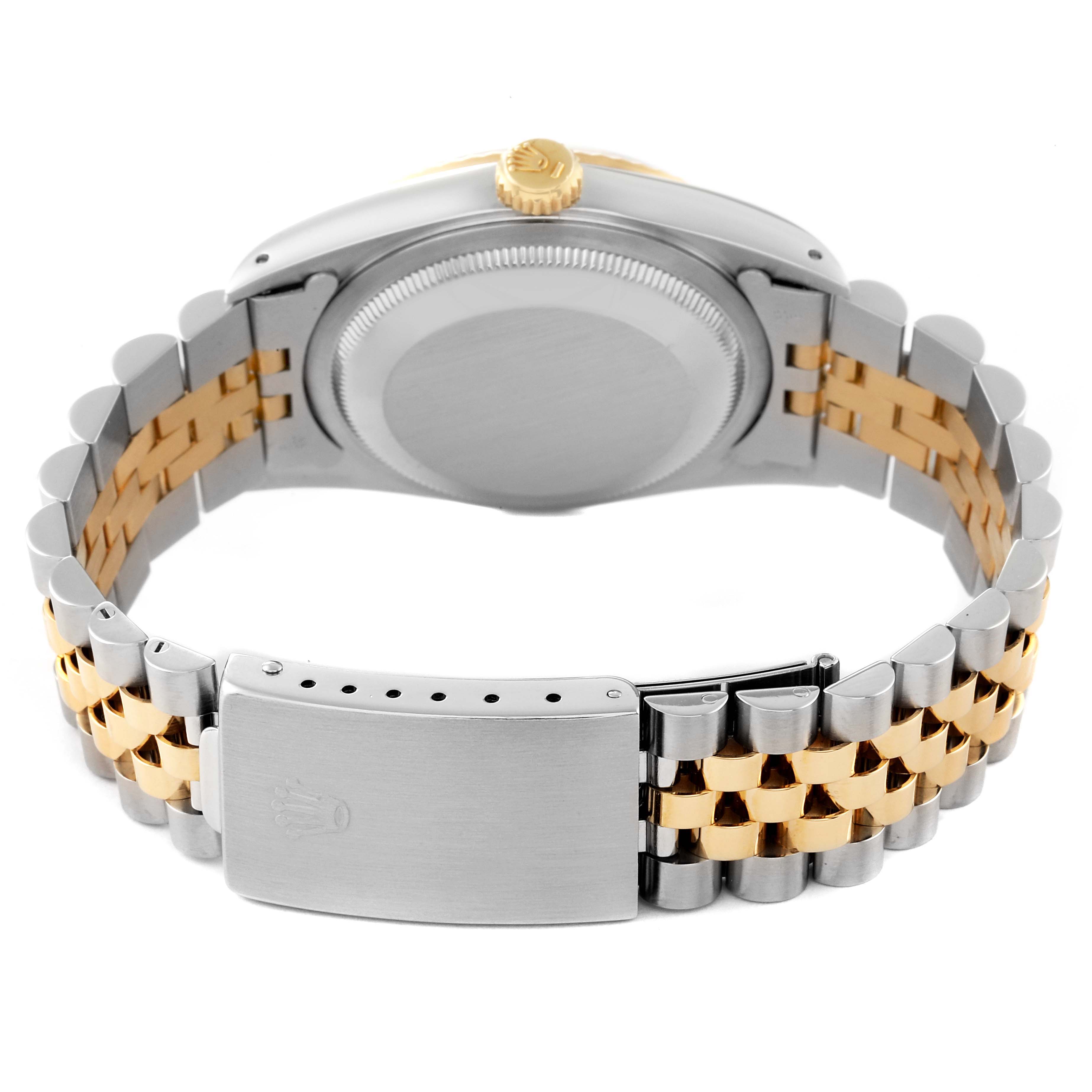 This image shows the back view of the Rolex Datejust 16233 Men's Steel and Gold (two tone) Blue Dial 16233 Men's Steel and Gold (two tone) Blue Dial watch, highlighting the bracelet, clasp, case, and crown.