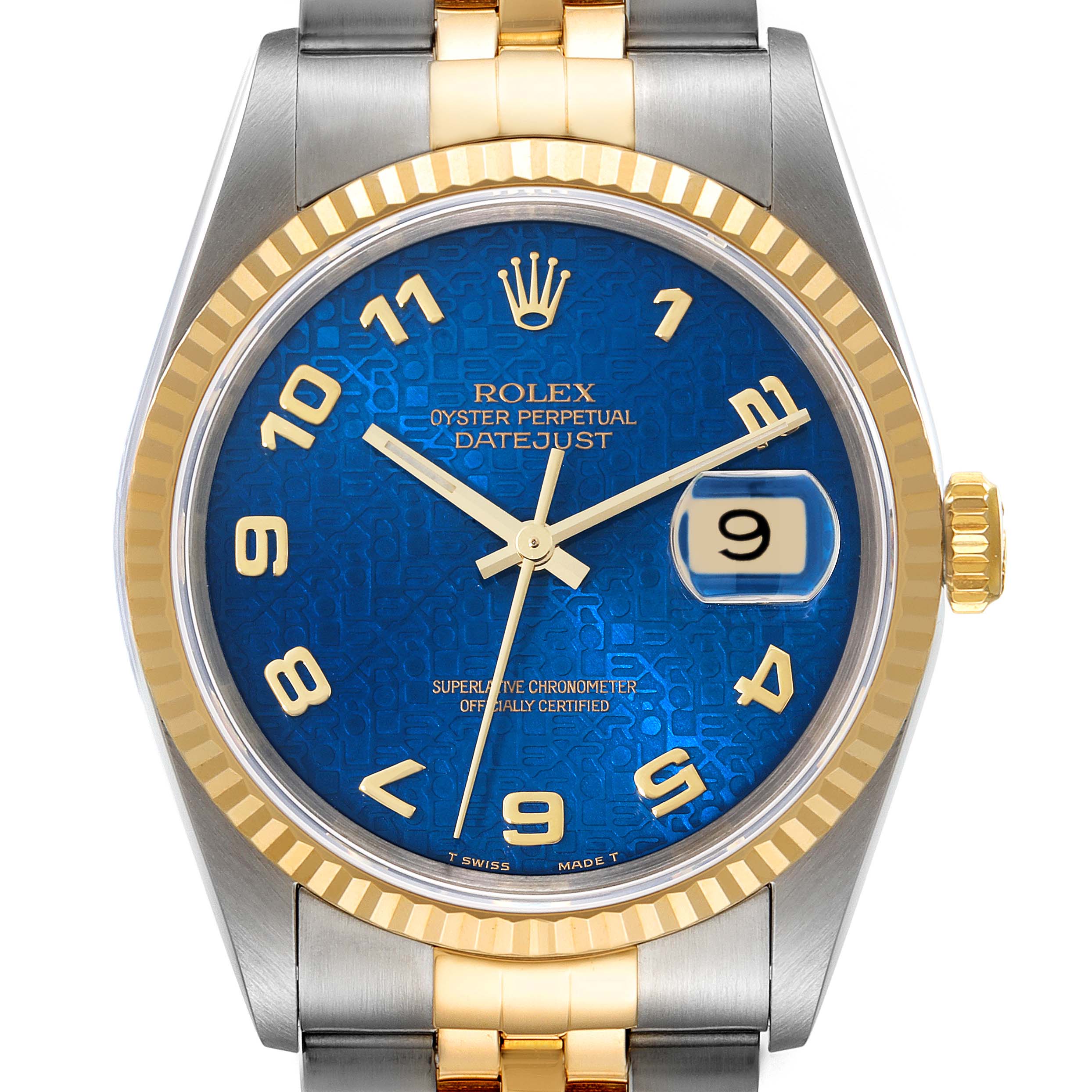 The image shows a front view of a Rolex Datejust 16233 Men's Steel and Gold (two tone) Blue Dial 16233 Men's Steel and Gold (two tone) Blue Dial watch, highlighting its blue dial, gold fluted bezel, and date window.