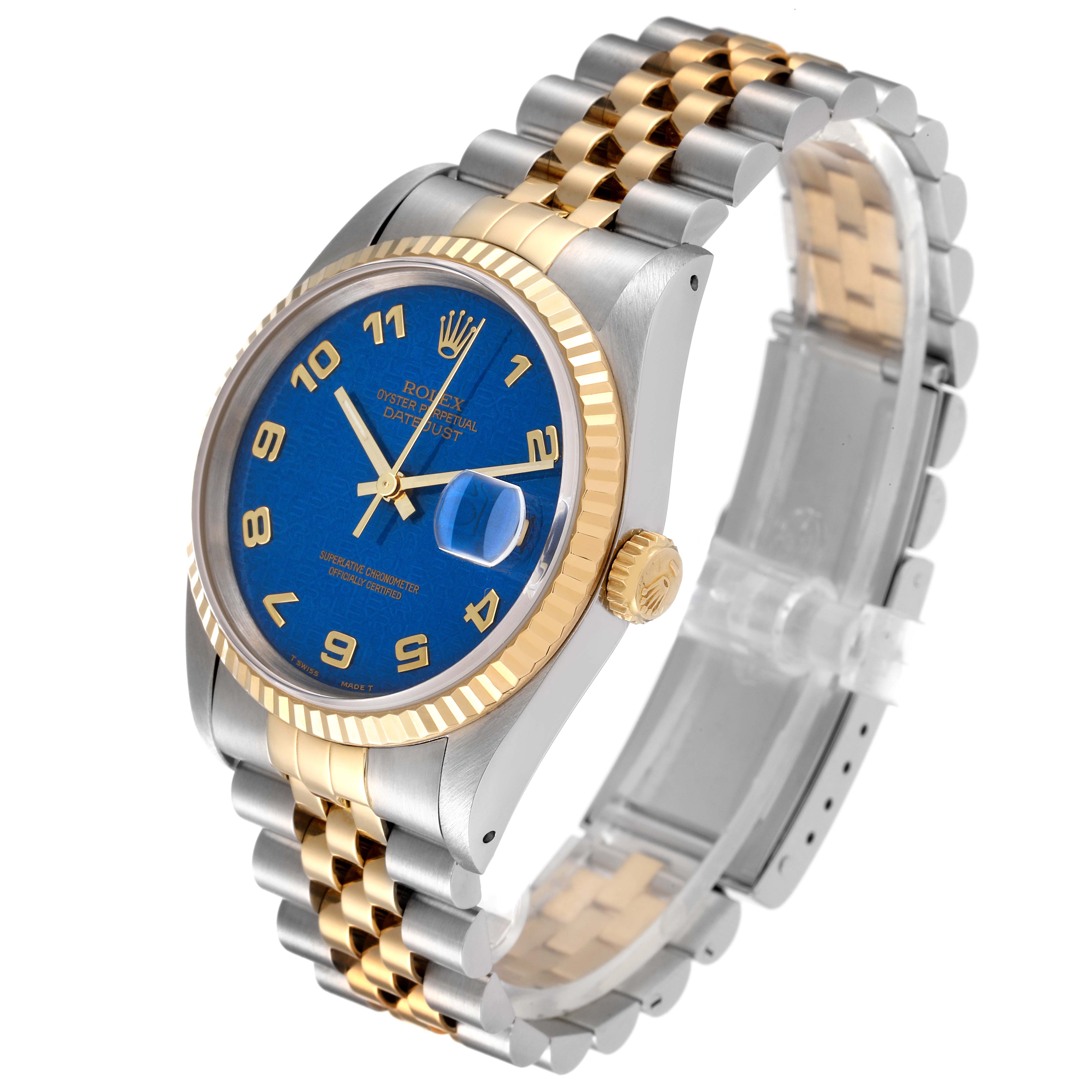 The Rolex Datejust 16233 Men's Steel and Gold (two tone) Blue Dial 16233 Men's Steel and Gold (two tone) Blue Dial watch is shown at an angle displaying the dial, bezel, crown, and two-tone bracelet.