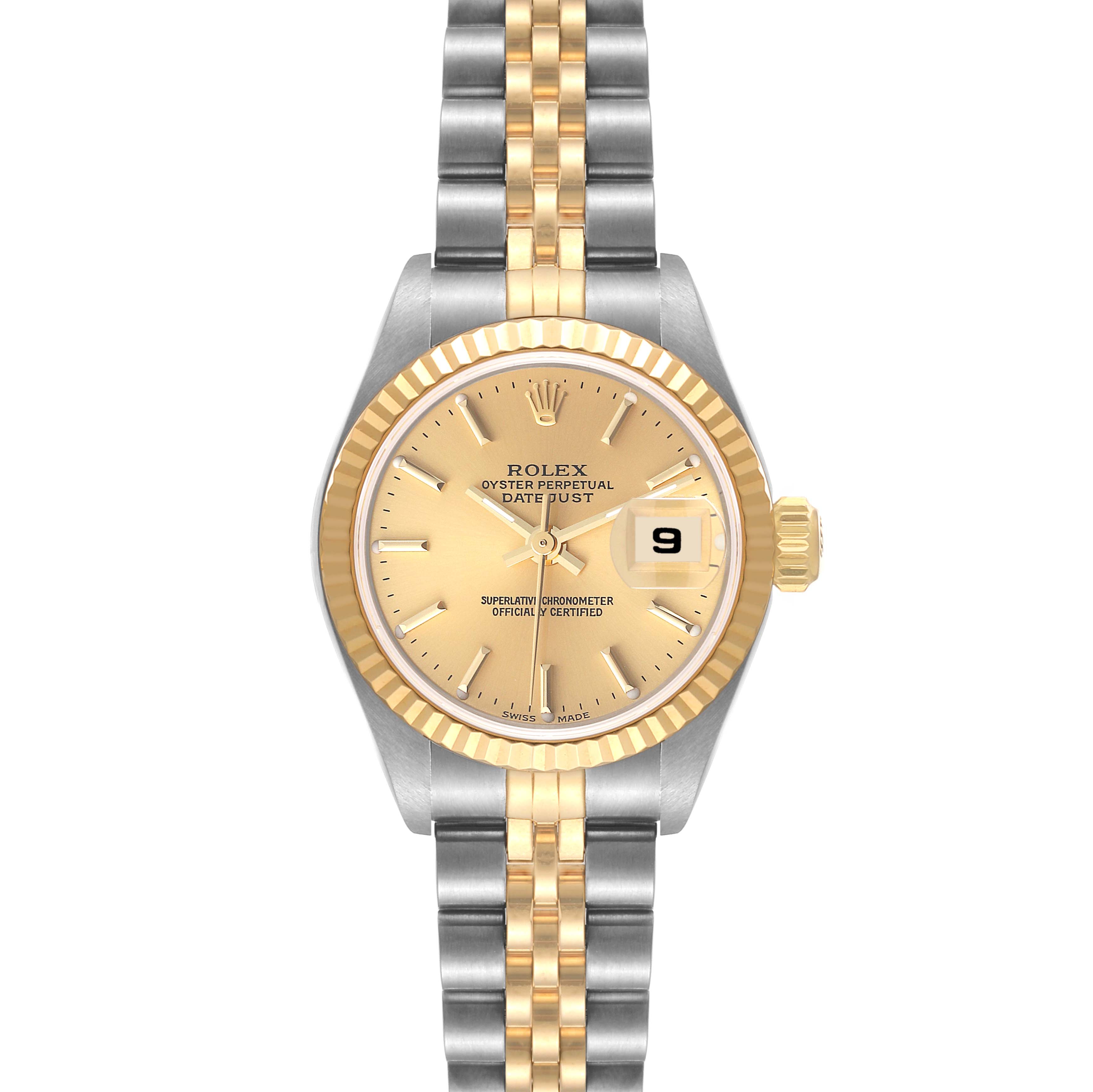 The image shows a Rolex Datejust 79173 Women's Steel and Gold (two tone) Champagne Dial 79173 Women's Steel and Gold (two tone) Champagne Dial model watch from a front angle, highlighting its two-tone bracelet and champagne dial.