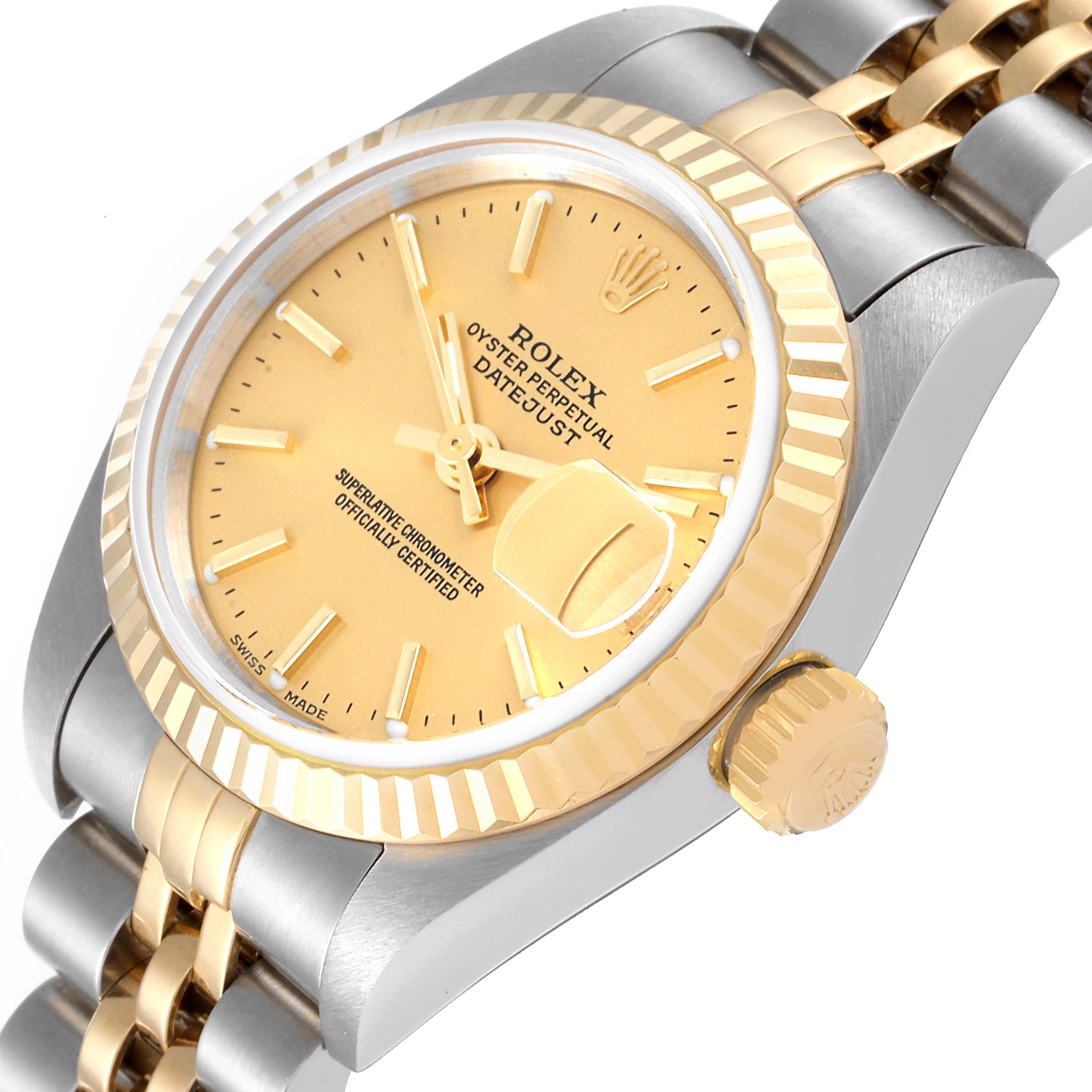 The Rolex Datejust 79173 Women's Steel and Gold (two tone) Champagne Dial 79173 Women's Steel and Gold (two tone) Champagne Dial watch is shown at a tilted angle displaying the face, crown, and part of the bracelet.