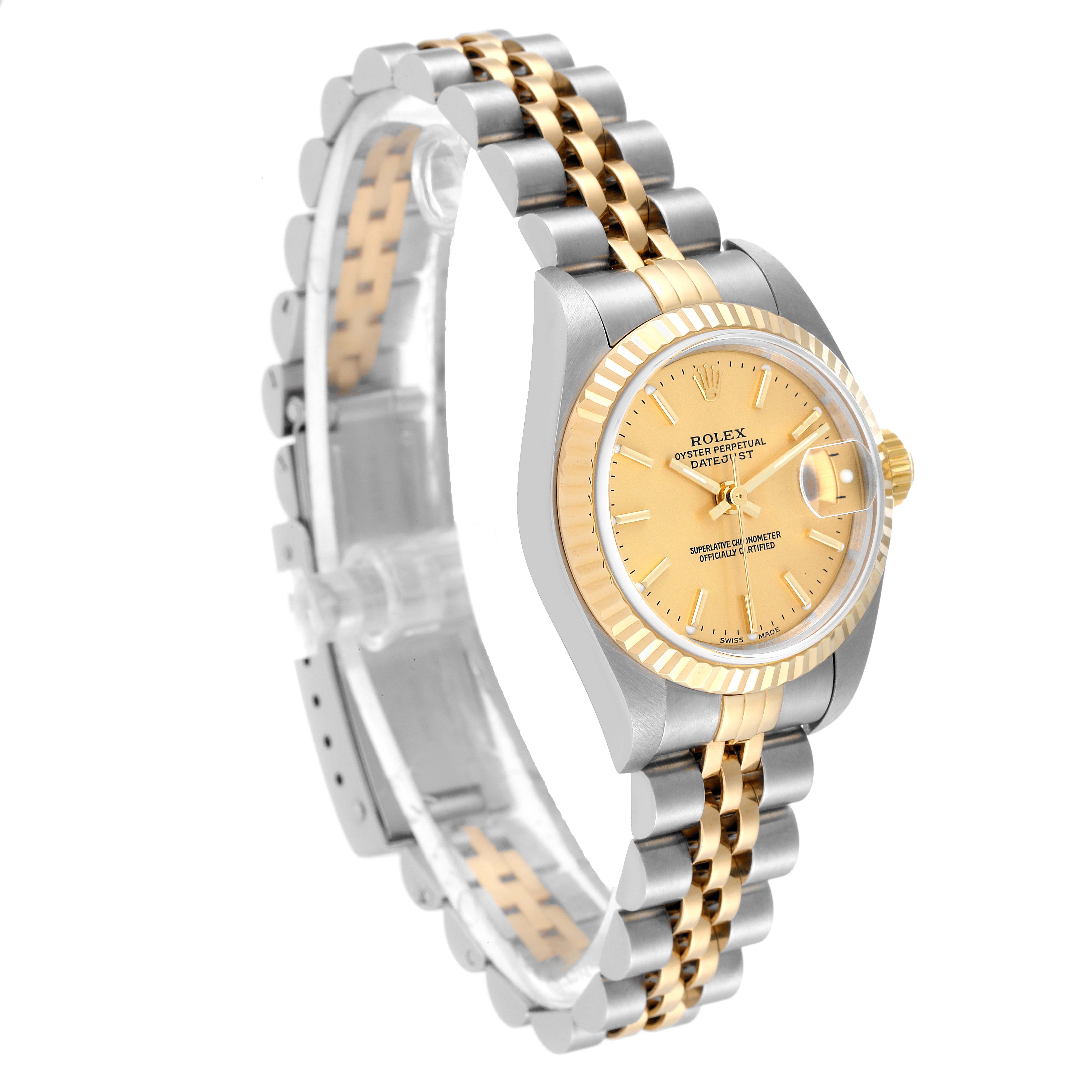 The Rolex Datejust 79173 Women's Steel and Gold (two tone) Champagne Dial 79173 Women's Steel and Gold (two tone) Champagne Dial is shown at a front-side angle, displaying the dial, fluted bezel, and two-tone jubilee bracelet.
