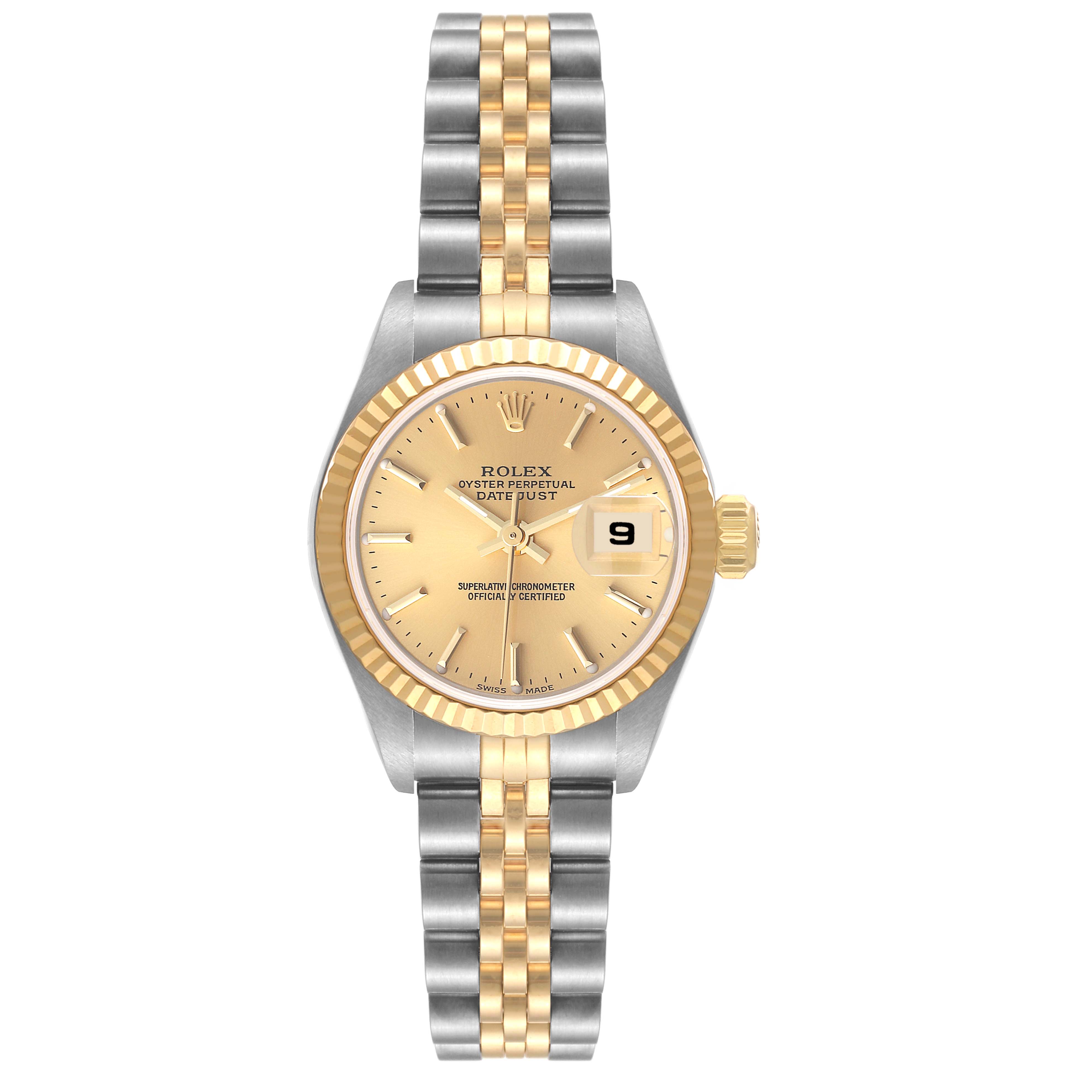 This image shows a front view of a Rolex Datejust 79173 Women's Steel and Gold (two tone) Champagne Dial 79173 Women's Steel and Gold (two tone) Champagne Dial watch, featuring a two-tone bracelet and a champagne dial.