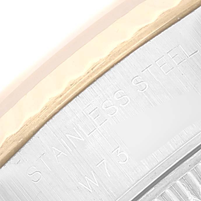 This is a close-up shot of the Rolex Datejust 69173 Women's Steel and Gold (two tone) Champagne Dial 69173 Women's Steel and Gold (two tone) Champagne Dial stainless steel case back, showing engraved details.