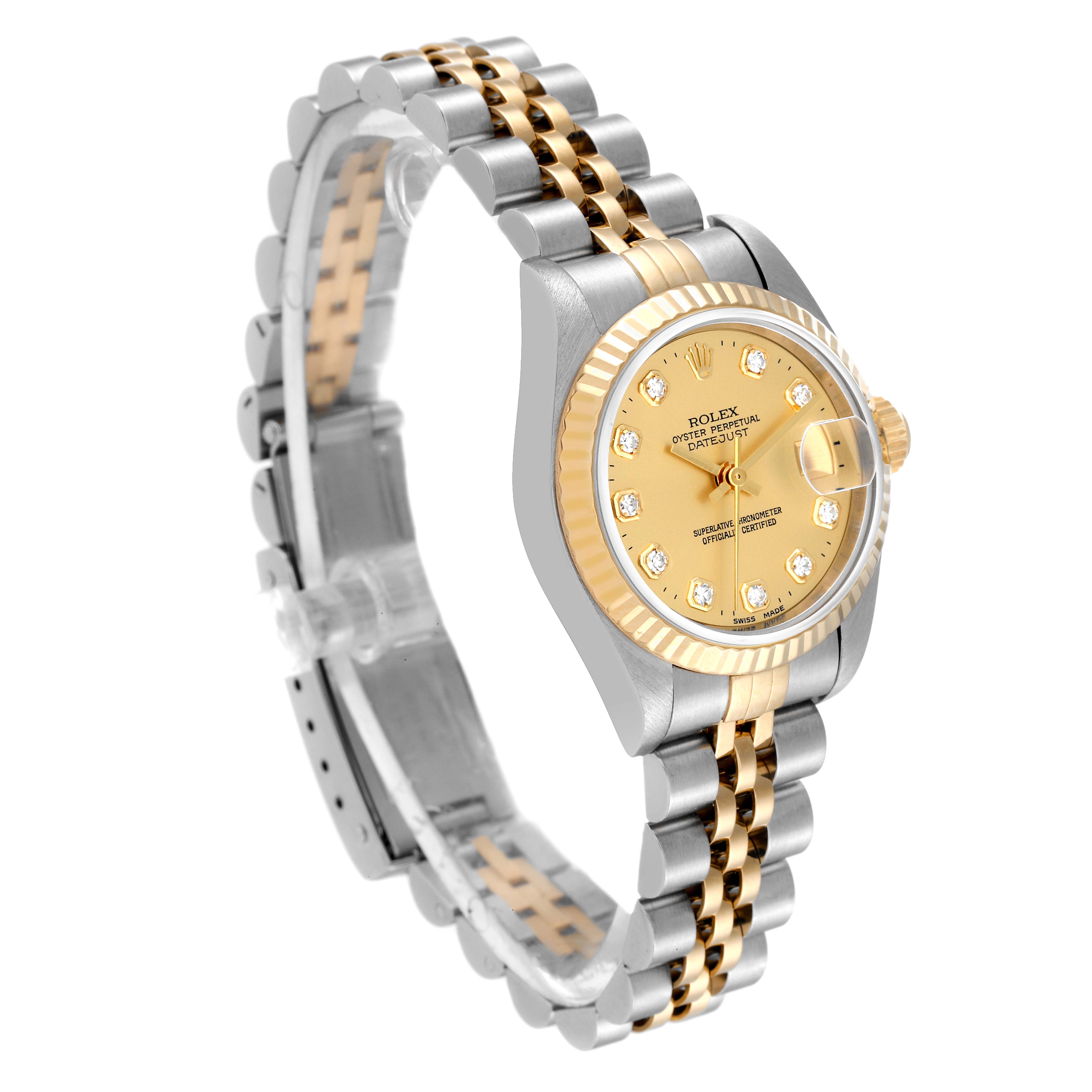 The image shows a Rolex Datejust 69173 Women's Steel and Gold (two tone) Champagne Dial 69173 Women's Steel and Gold (two tone) Champagne Dial watch at a three-quarter angle, highlighting its two-tone bracelet and diamond-studded dial.