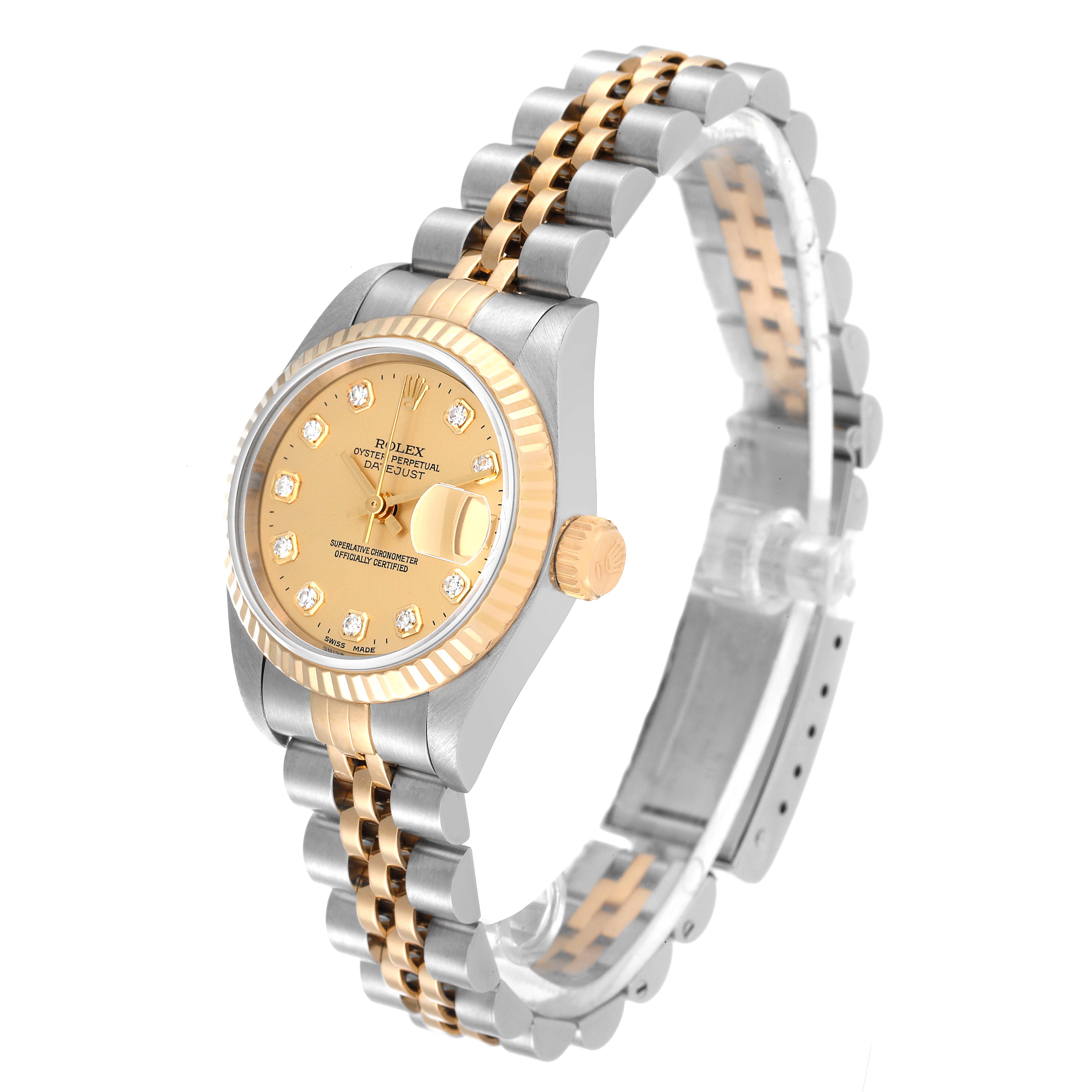 This image shows a Rolex Datejust 69173 Women's Steel and Gold (two tone) Champagne Dial 69173 Women's Steel and Gold (two tone) Champagne Dial watch from an angled side profile, highlighting its face, bezel, crown, and two-tone bracelet.