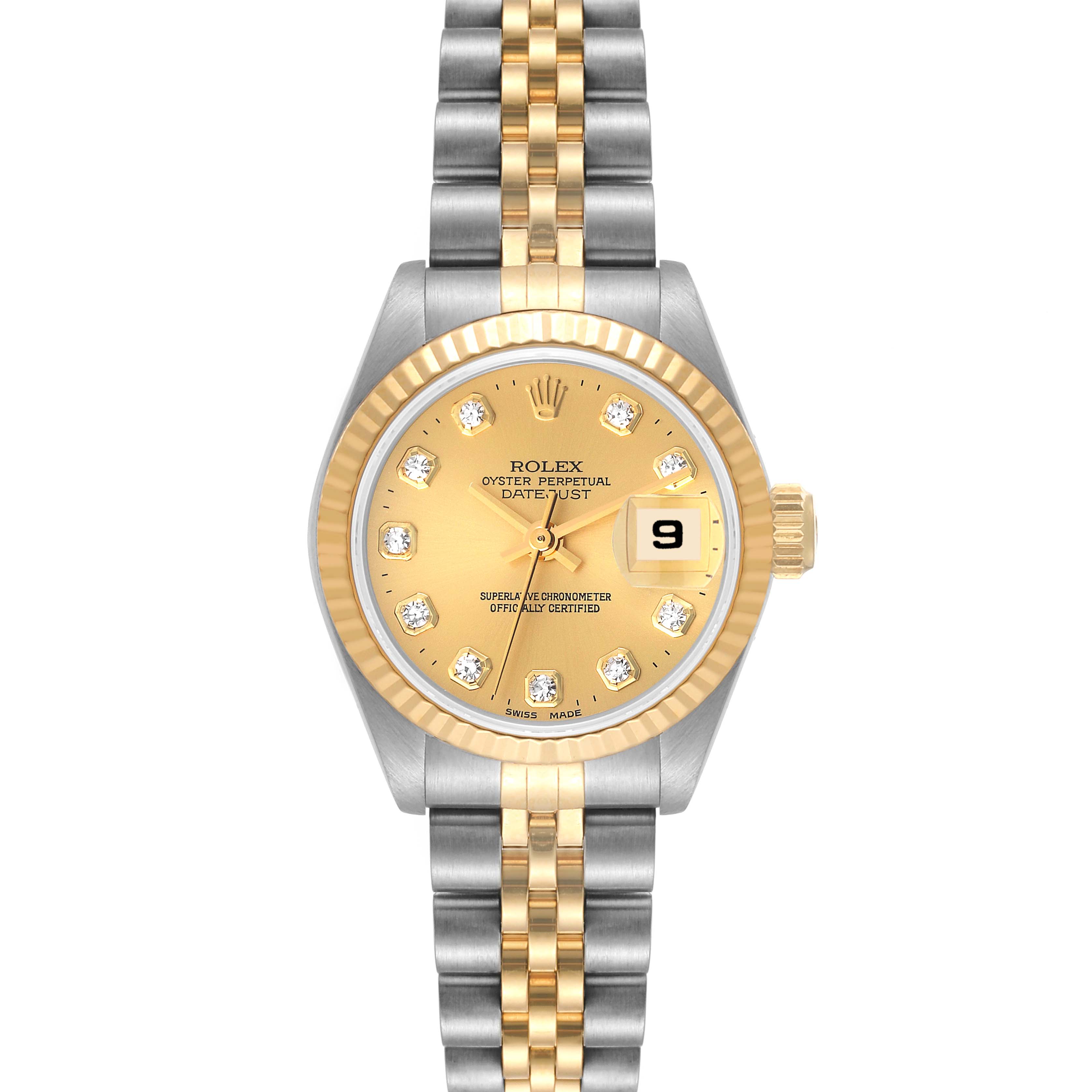This Rolex Datejust 69173 Women's Steel and Gold (two tone) Champagne Dial 69173 Women's Steel and Gold (two tone) Champagne Dial watch is shown from the front, featuring a gold dial, diamond hour markers, and a two-tone bracelet.