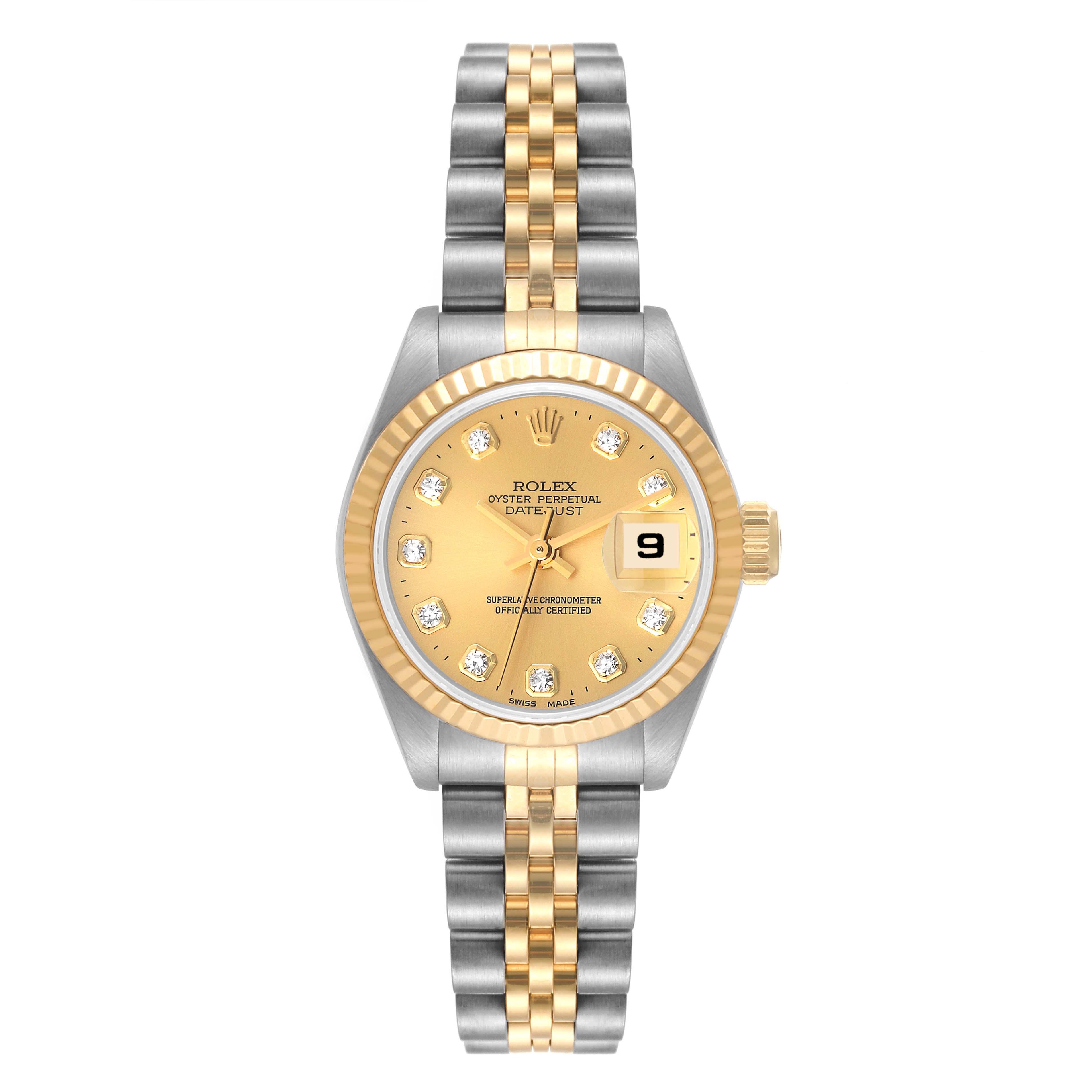The image shows a Rolex Datejust 69173 Women's Steel and Gold (two tone) Champagne Dial 69173 Women's Steel and Gold (two tone) Champagne Dial watch from a top-down angle, displaying its dial, bezel, and bracelet.