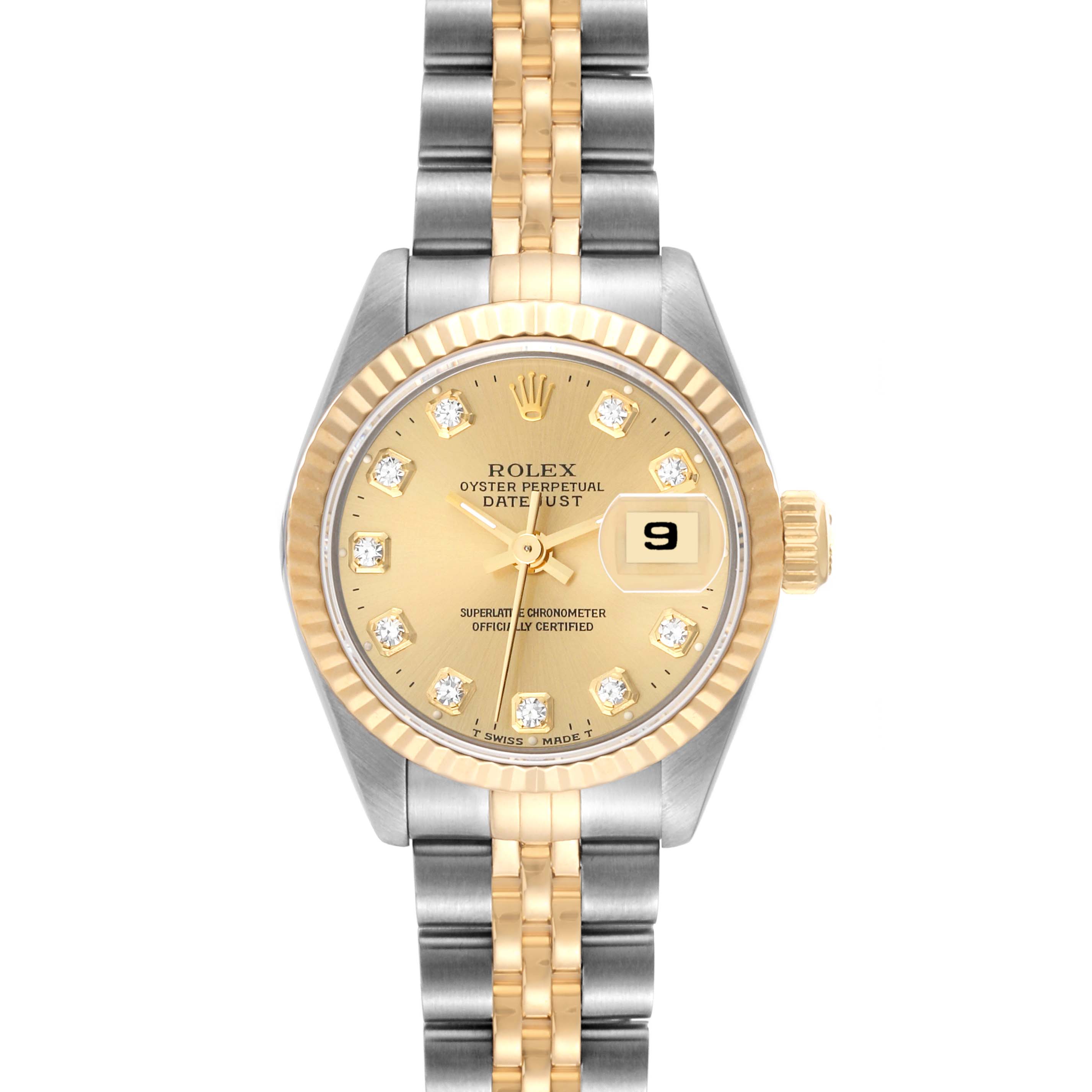 This image shows a front view of the Rolex Datejust 69173 Women's Steel and Gold (two tone) Champagne Dial 69173 Women's Steel and Gold (two tone) Champagne Dial watch, highlighting its gold dial, diamond hour markers, and two-tone bracelet.