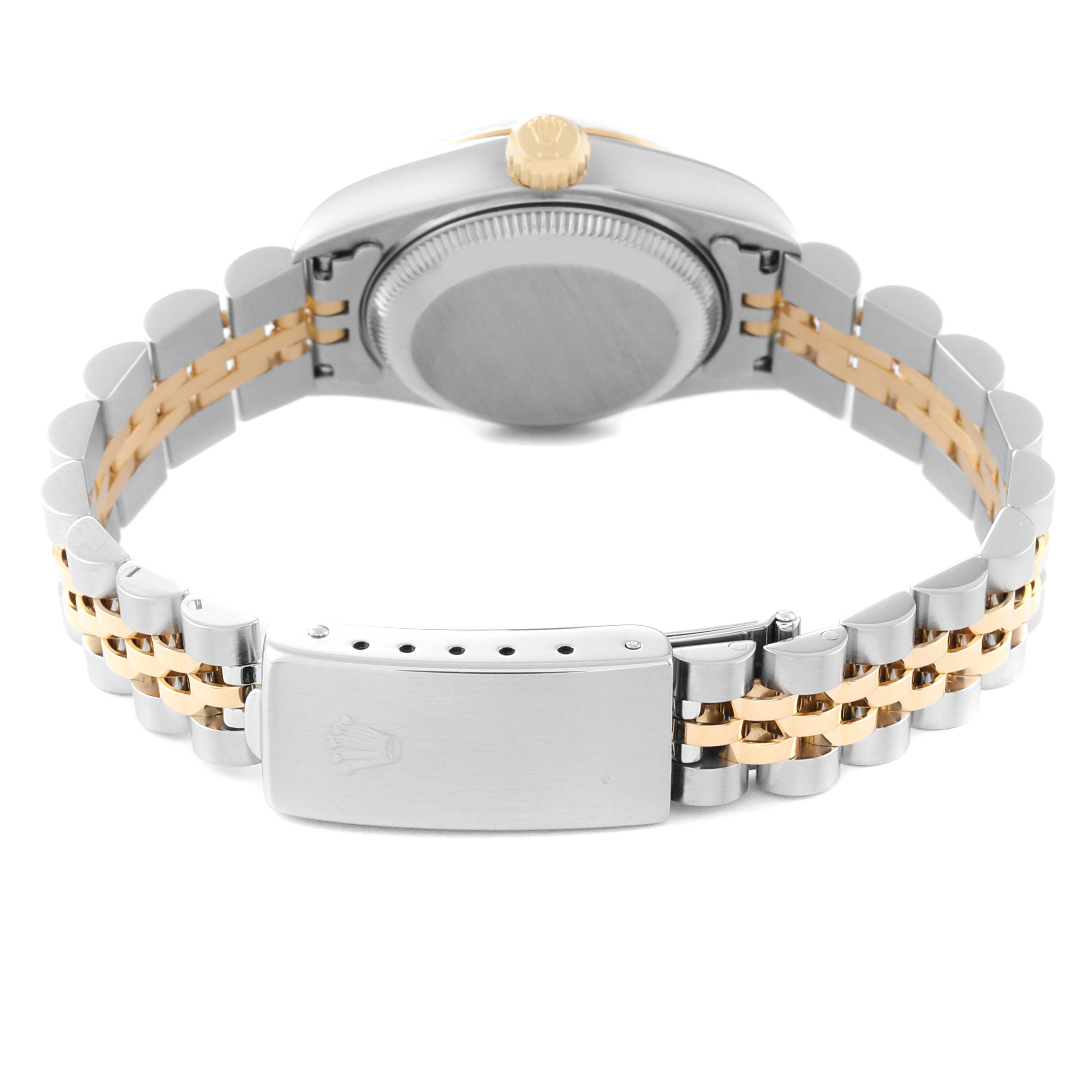 The image shows the back view of a Rolex Datejust 69173 Women's Steel and Gold (two tone) Champagne Dial 69173 Women's Steel and Gold (two tone) Champagne Dial watch, highlighting the clasp, bracelet, and case back.