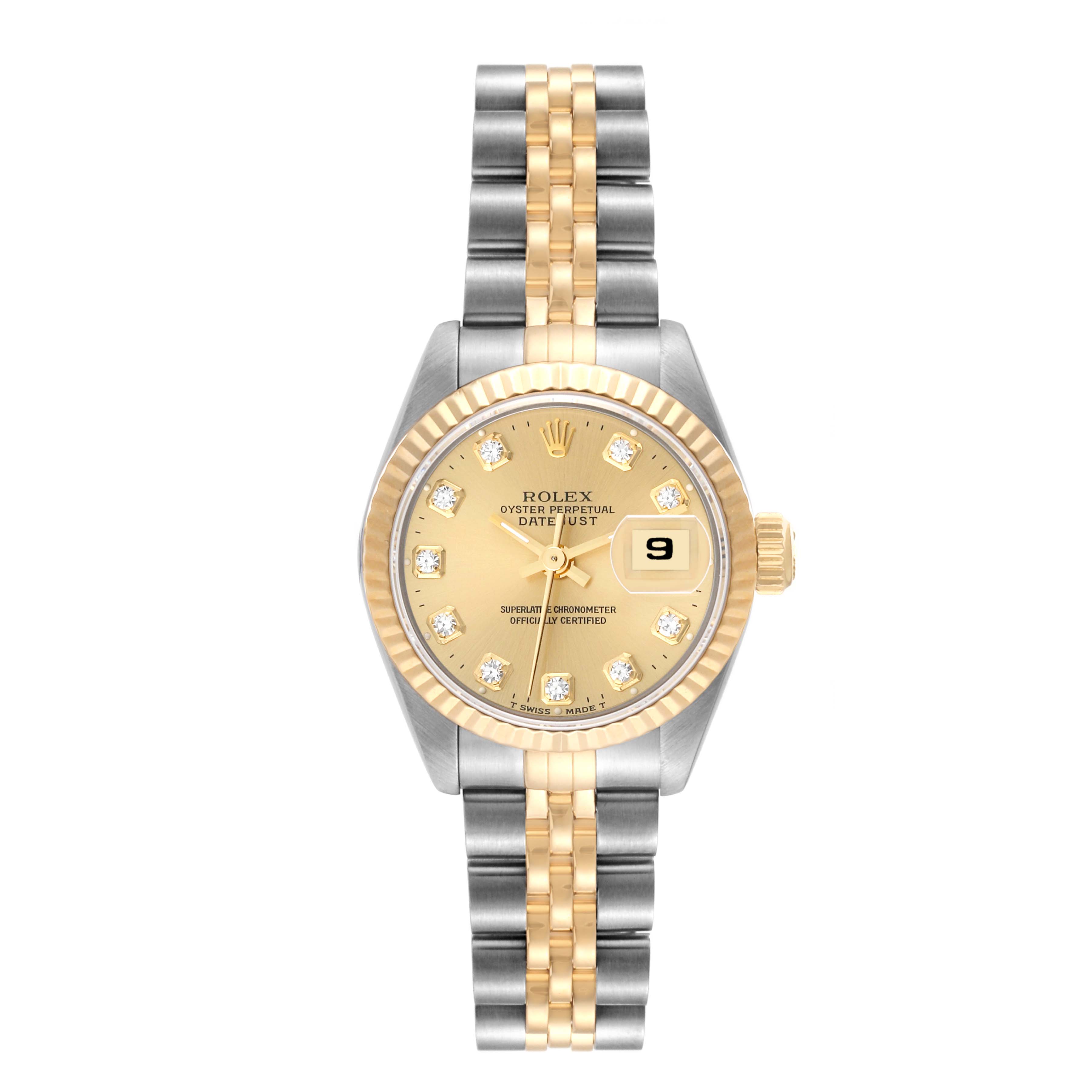 The Rolex Datejust 69173 Women's Steel and Gold (two tone) Champagne Dial 69173 Women's Steel and Gold (two tone) Champagne Dial watch is shown from a straight-on angle, displaying its face, bezel, crown, and two-tone bracelet.