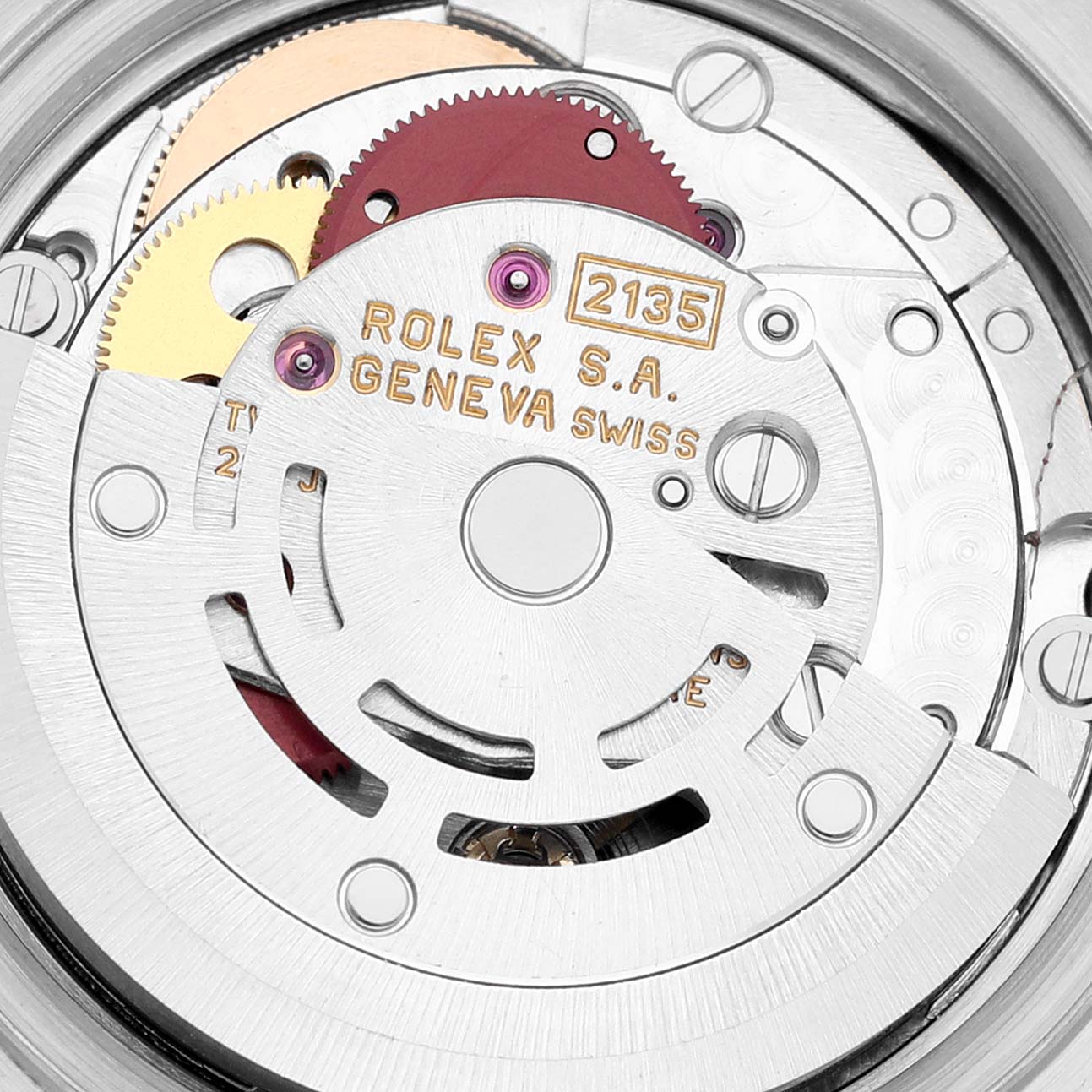 The image shows the inner movement mechanism of a Rolex Datejust 69173 Women's Steel and Gold (two tone) Champagne Dial 69173 Women's Steel and Gold (two tone) Champagne Dial watch, focusing on the intricate parts and gears.
