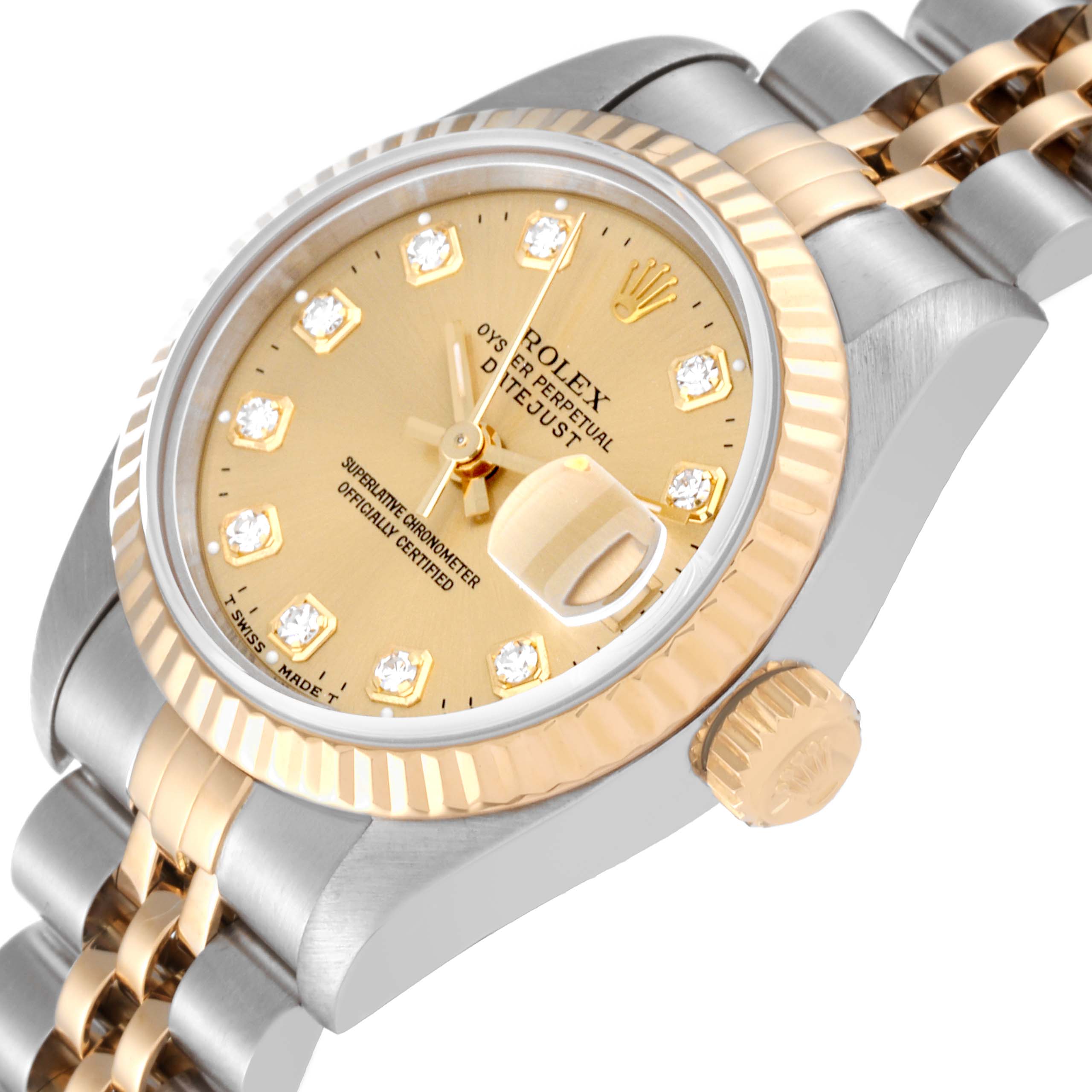 This image shows a close-up angle of the Rolex Datejust 69173 Women's Steel and Gold (two tone) Champagne Dial 69173 Women's Steel and Gold (two tone) Champagne Dial watch, highlighting the face, dial, bezel, and part of the band.