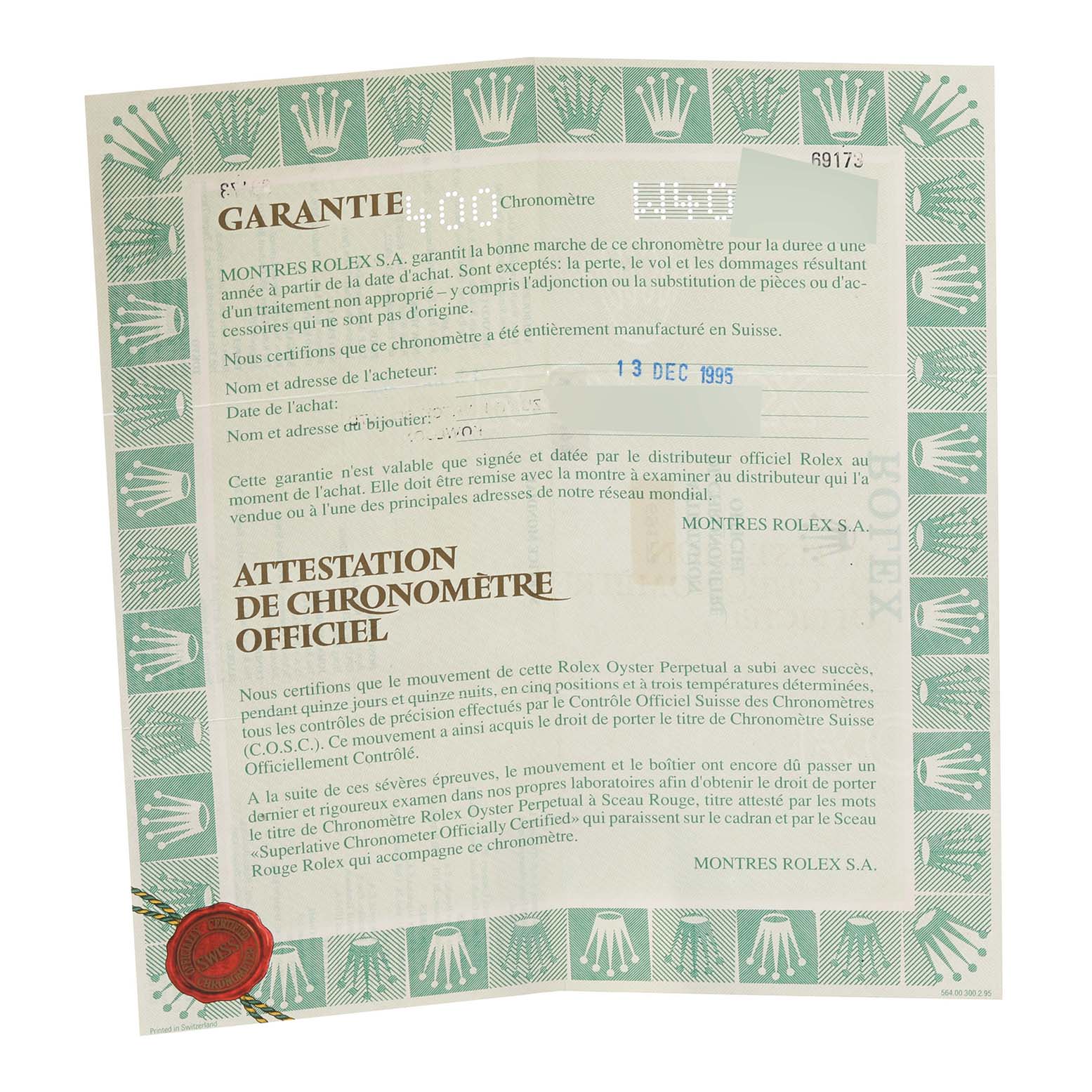 This image shows the warranty and certificate of authenticity for the Rolex Datejust 69173 Women's Steel and Gold (two tone) Champagne Dial 69173 Women's Steel and Gold (two tone) Champagne Dial model, dated 13 Dec 1995.