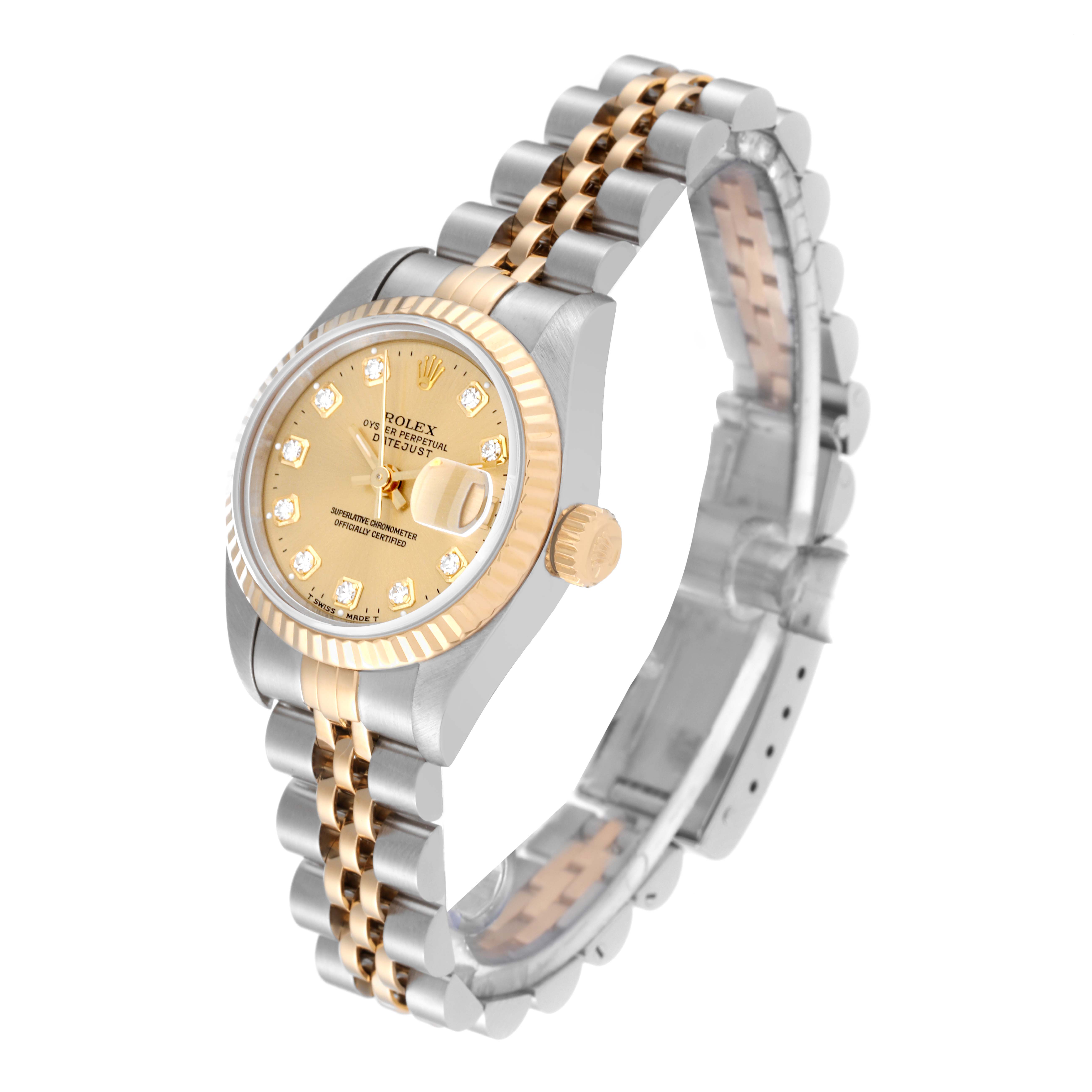 This Rolex Datejust 69173 Women's Steel and Gold (two tone) Champagne Dial 69173 Women's Steel and Gold (two tone) Champagne Dial watch is shown at a slight angle, displaying the dial, bezel, crown, and part of the bracelet.