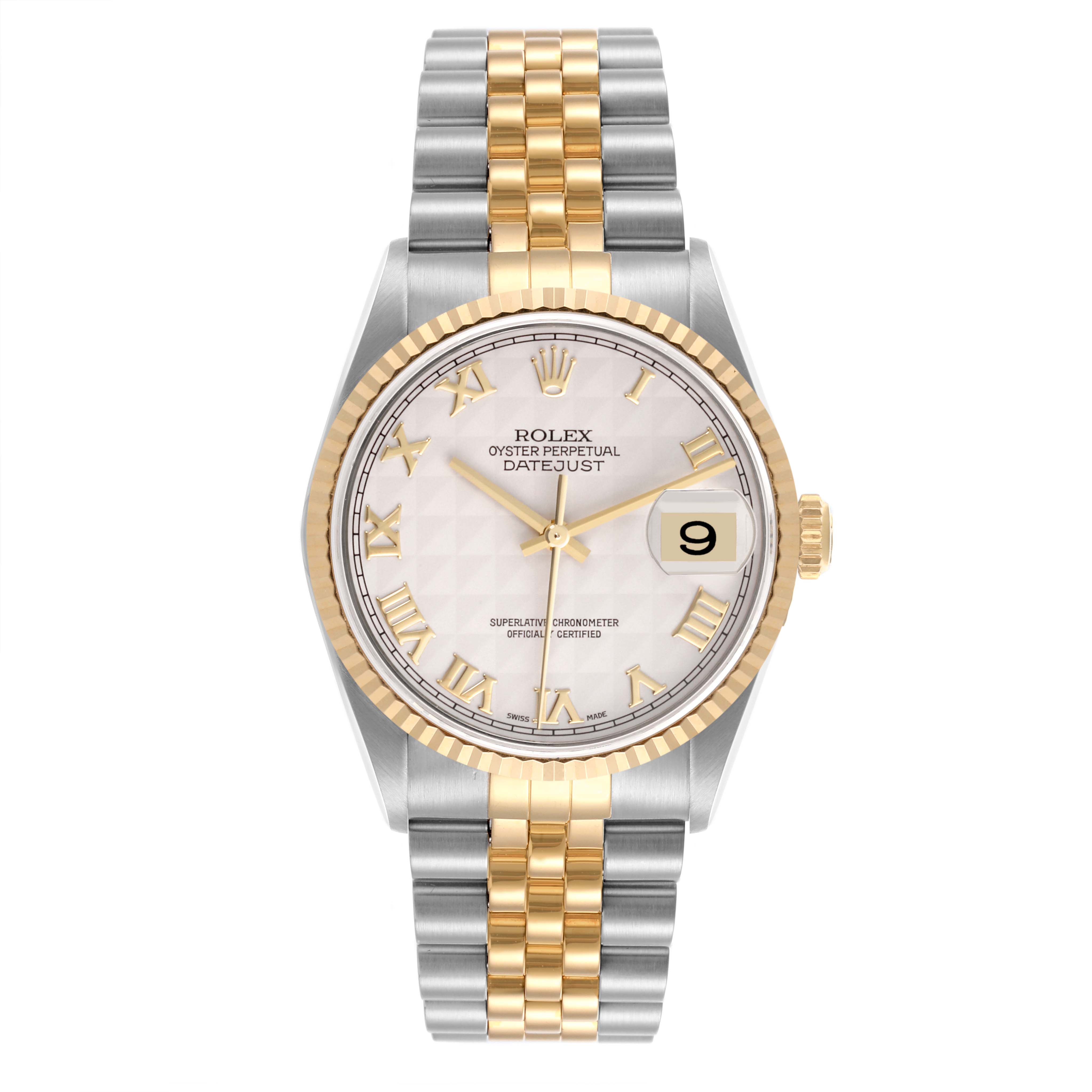 The Rolex Datejust 16233 Men's Steel and Gold (two tone) Beige Dial 16233 Men's Steel and Gold (two tone) Beige Dial is shown from a front angle, displaying the dial, bezel, and two-tone bracelet.