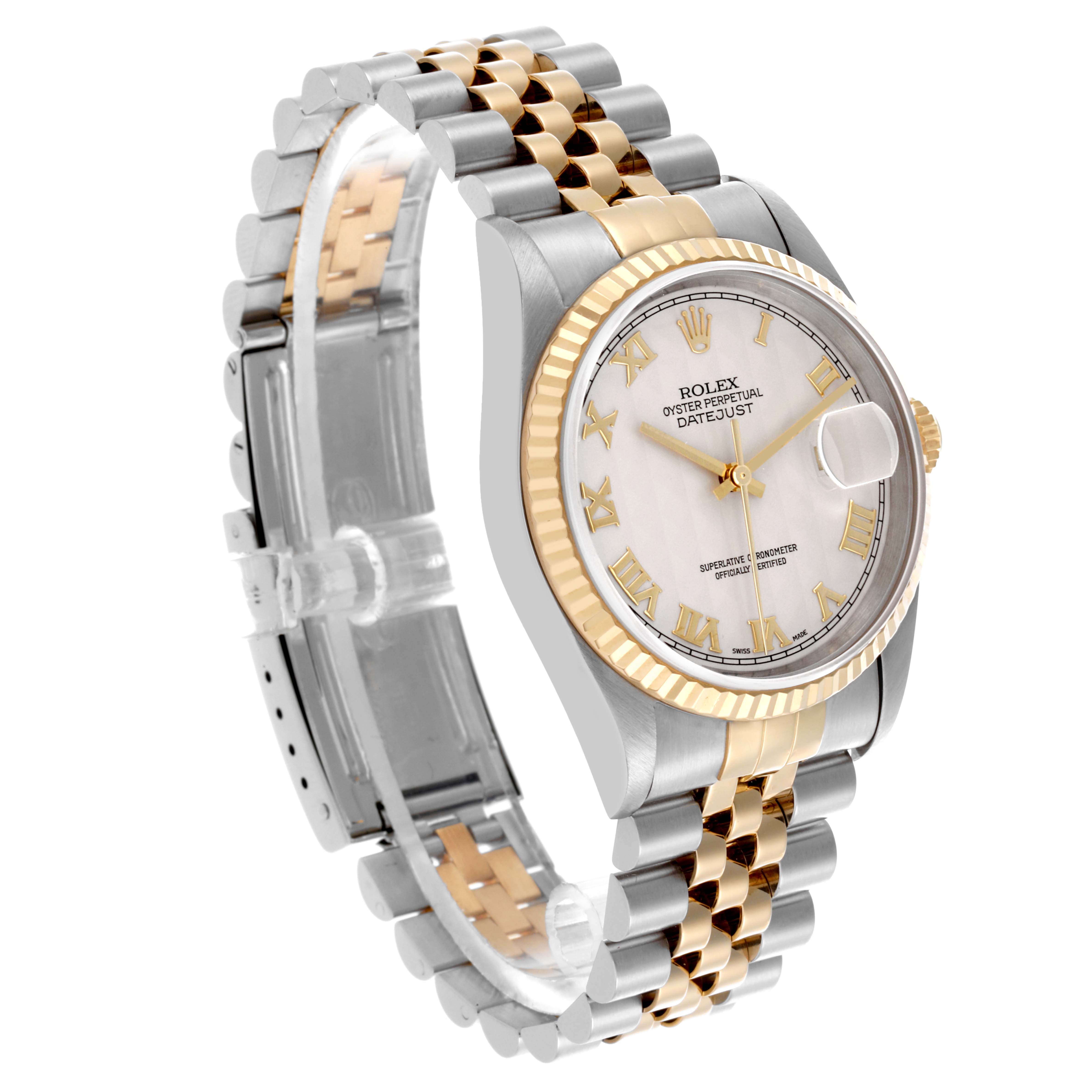 The Rolex Datejust 16233 Men's Steel and Gold (two tone) Beige Dial 16233 Men's Steel and Gold (two tone) Beige Dial watch is shown at a slight angle, highlighting the face, bezel, and two-tone bracelet.