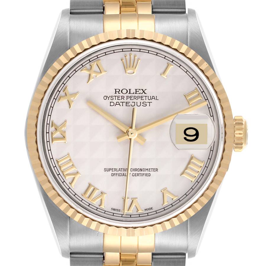 The Rolex Datejust watch is shown from the front, highlighting its dial, bezel, and part of the bracelet.