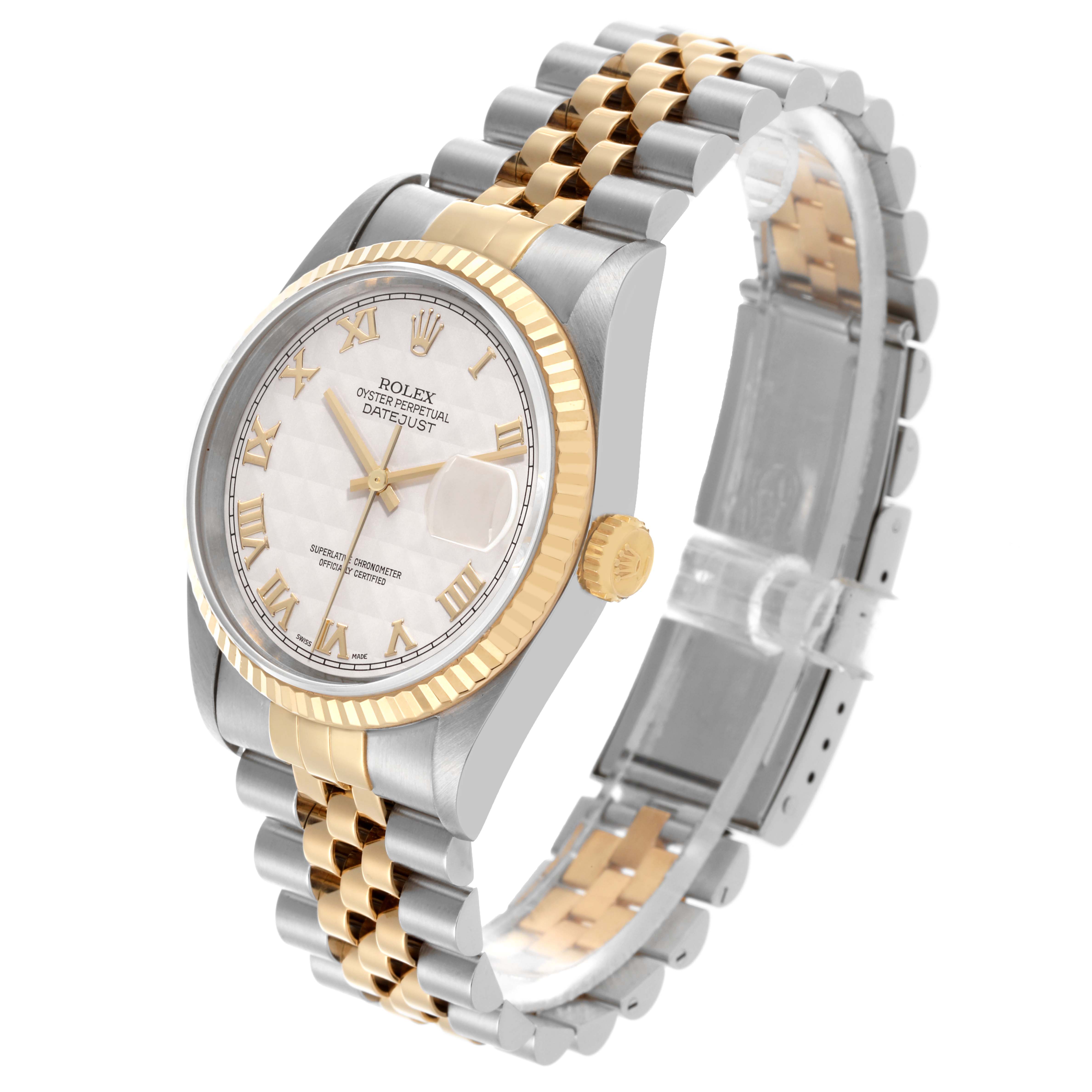 The Rolex Datejust 16233 Men's Steel and Gold (two tone) Beige Dial 16233 Men's Steel and Gold (two tone) Beige Dial is shown in a three-quarter angle, highlighting the dial, bezel, crown, and jubilee bracelet.