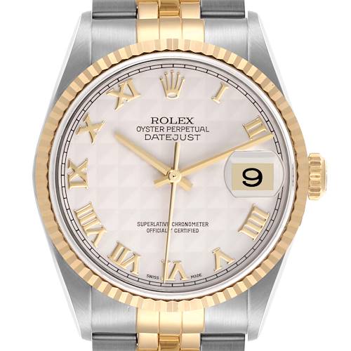 The Rolex Datejust watch is shown from the front, highlighting its dial, bezel, crown, and part of the bracelet.