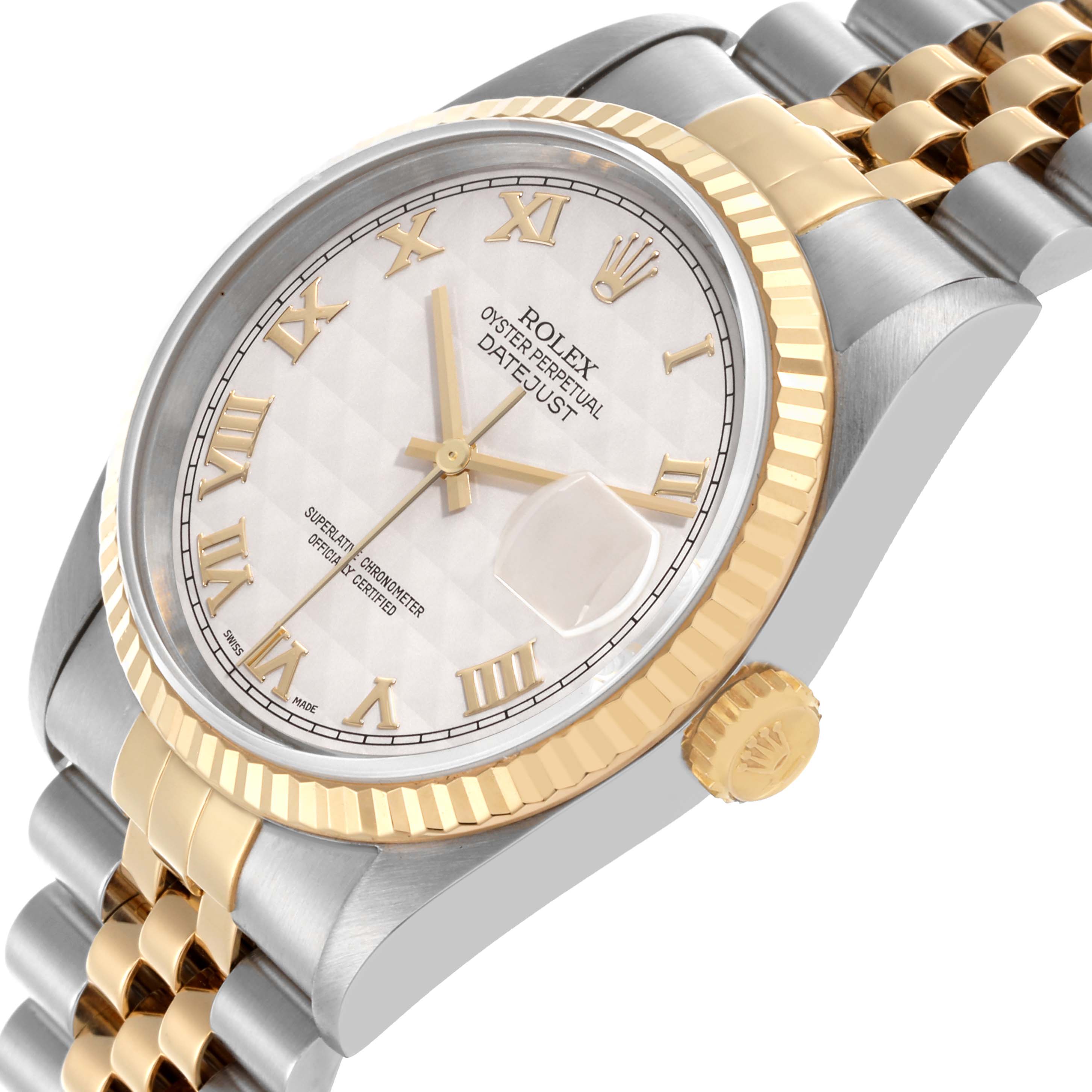 The Rolex Datejust 16233 Men's Steel and Gold (two tone) Beige Dial 16233 Men's Steel and Gold (two tone) Beige Dial watch is shown at an angled side view, highlighting the dial, bezel, and part of the bracelet.