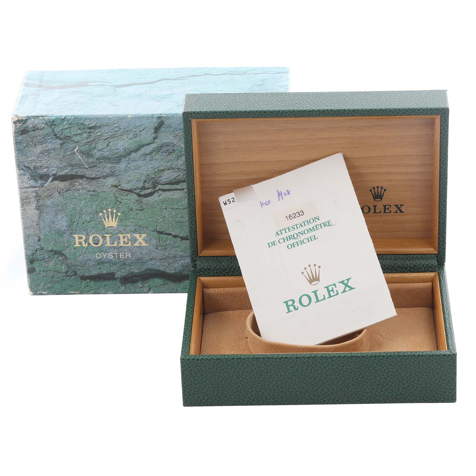 The image shows a Rolex Datejust 16233 Men's Steel and Gold (two tone) Beige Dial 16233 Men's Steel and Gold (two tone) Beige Dial watch box, certificate, and outer box from a front angle.