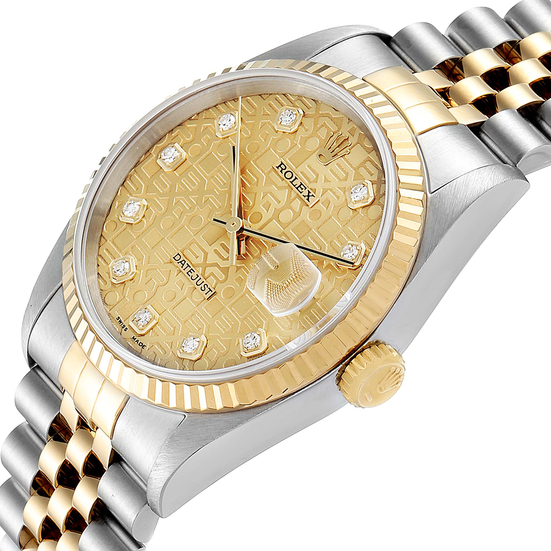 This Rolex Datejust 16233 Men's Steel and Gold (two tone) Champagne Dial 16233 Men's Steel and Gold (two tone) Champagne Dial watch is shown at a tilted angle featuring the face, bezel, crown, and part of the band.