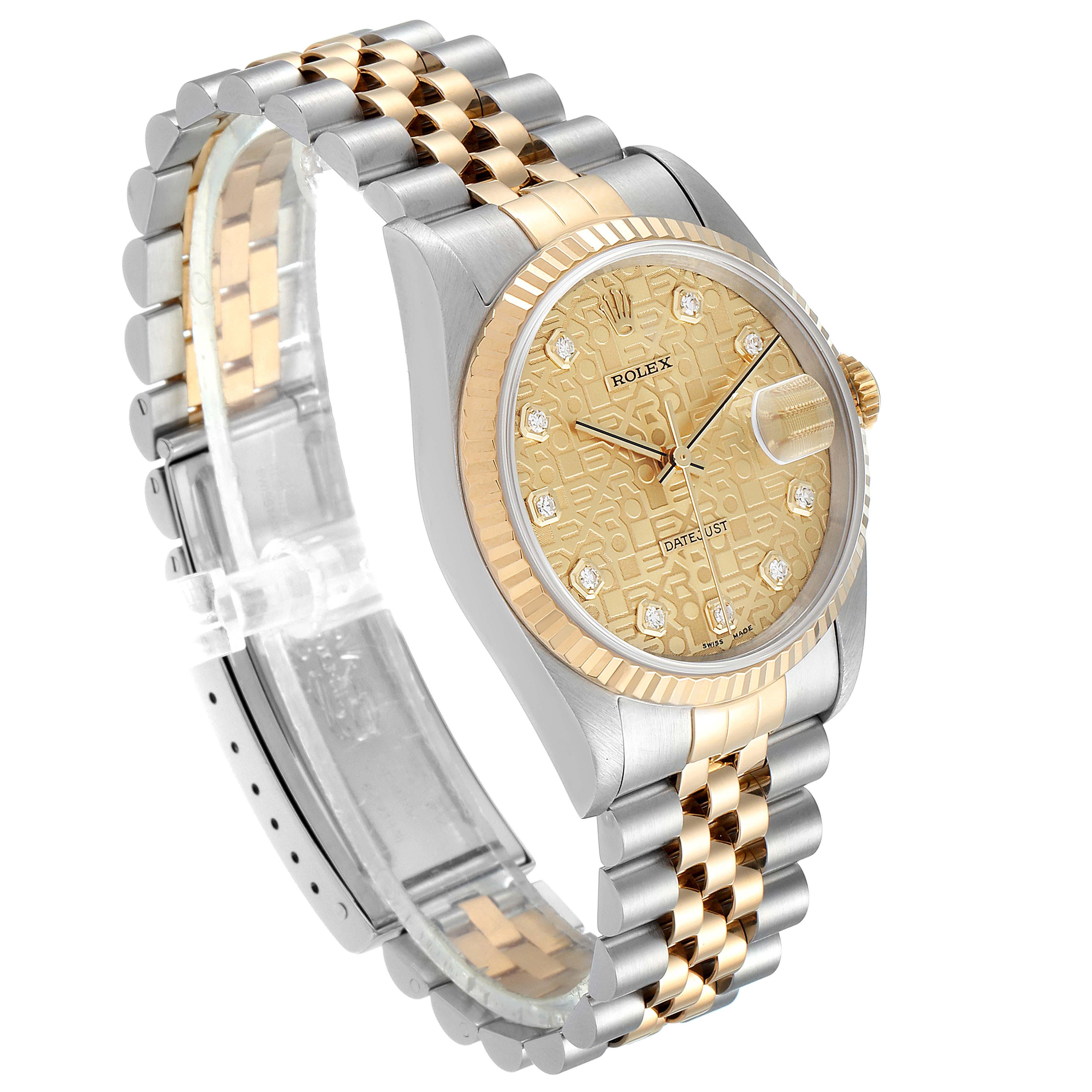 The image shows a Rolex Datejust 16233 Men's Steel and Gold (two tone) Champagne Dial 16233 Men's Steel and Gold (two tone) Champagne Dial watch at an angled side view, highlighting its gold and silver bracelet, dial, and bezel.