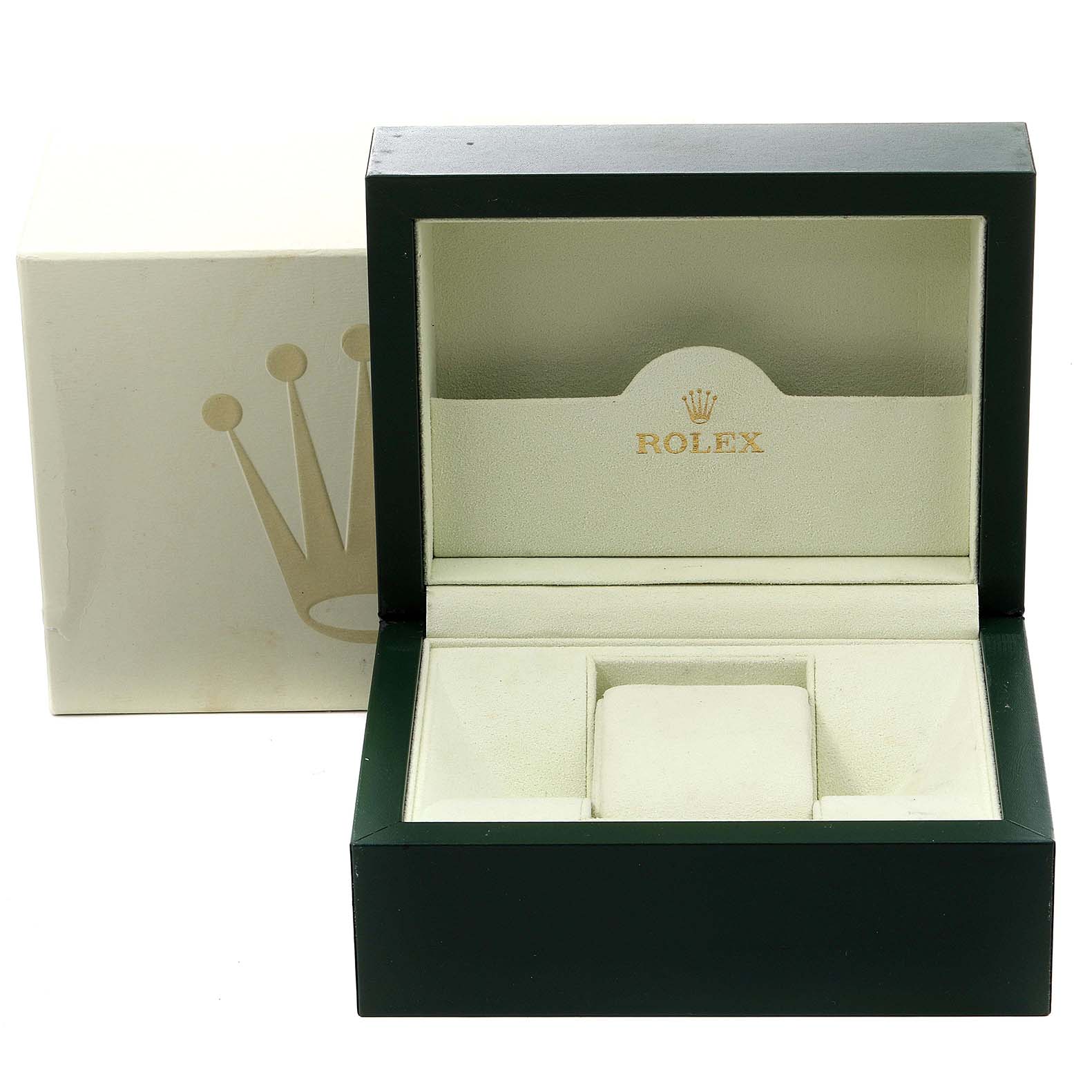 The image shows an open Rolex Datejust 16233 Men's Steel and Gold (two tone) Champagne Dial 16233 Men's Steel and Gold (two tone) Champagne Dial watch box from a slightly elevated front angle, revealing its green exterior and tan interior.