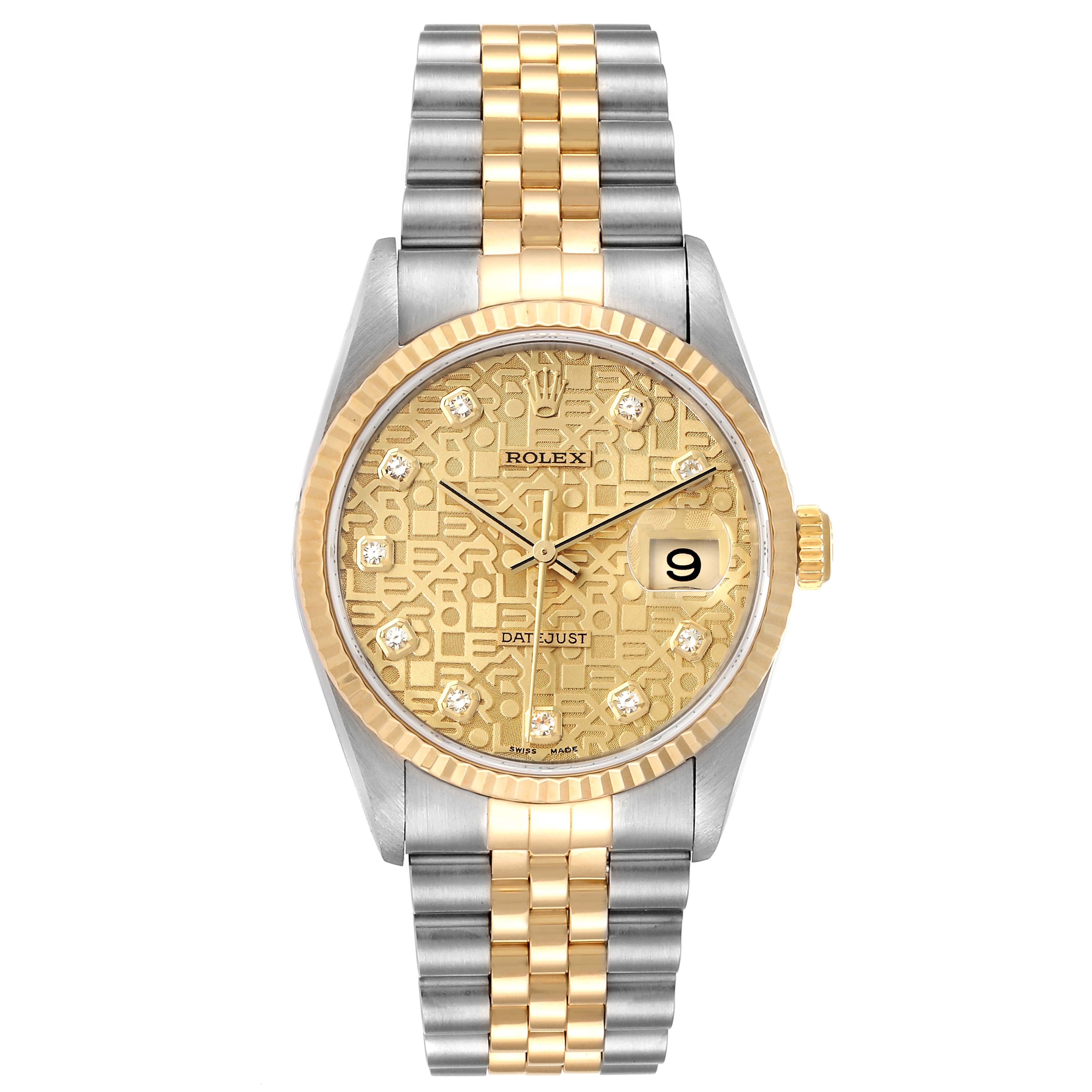 This image shows a front view of a Rolex Datejust 16233 Men's Steel and Gold (two tone) Champagne Dial 16233 Men's Steel and Gold (two tone) Champagne Dial watch featuring a gold bezel, diamond markers, and a two-tone bracelet.
