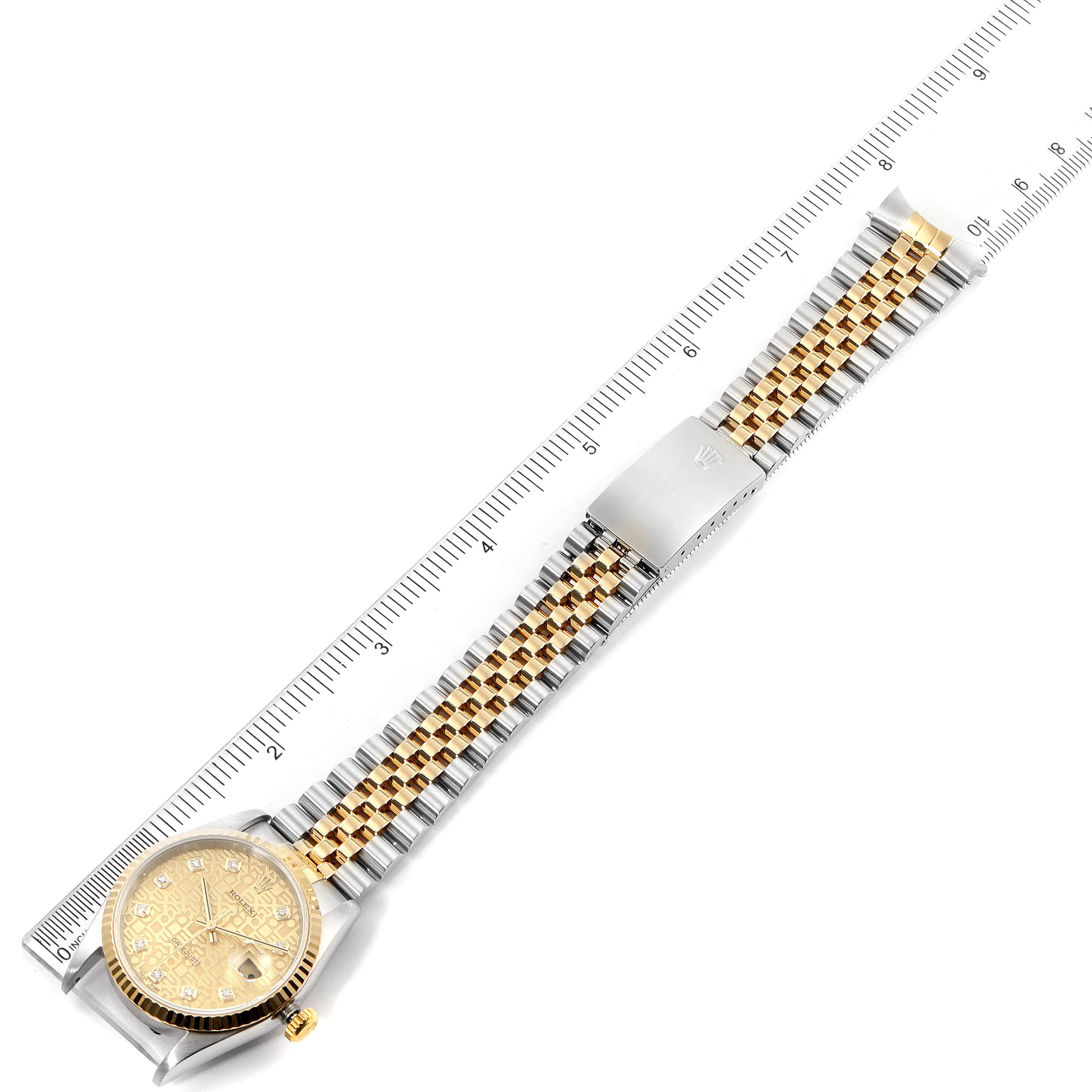 The Rolex Datejust 16233 Men's Steel and Gold (two tone) Champagne Dial 16233 Men's Steel and Gold (two tone) Champagne Dial watch is shown from an overhead angle with the full bracelet and clasp visible.