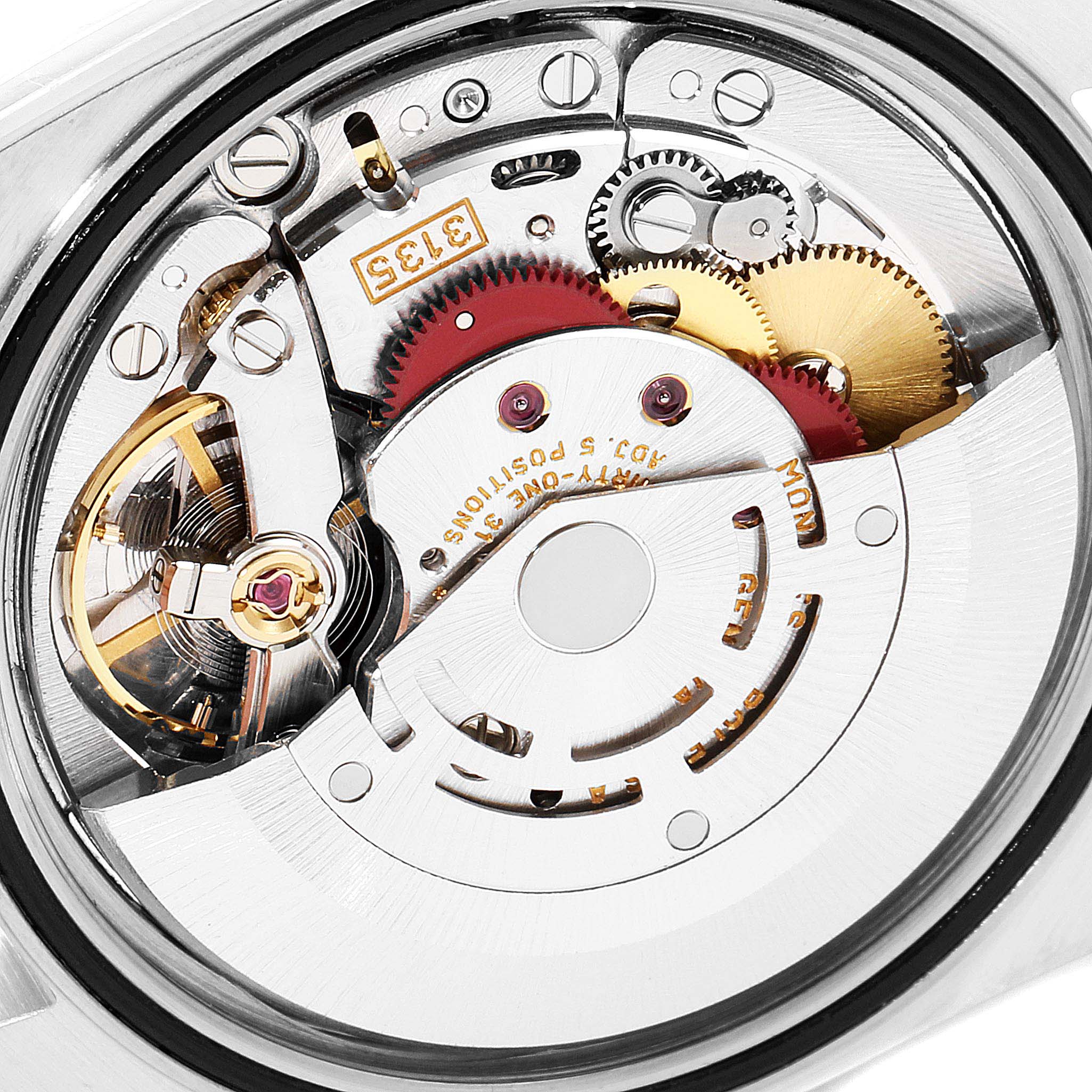 The image shows the internal mechanical movement of a Rolex Datejust 16233 Men's Steel and Gold (two tone) Champagne Dial 16233 Men's Steel and Gold (two tone) Champagne Dial watch from a close-up back angle.