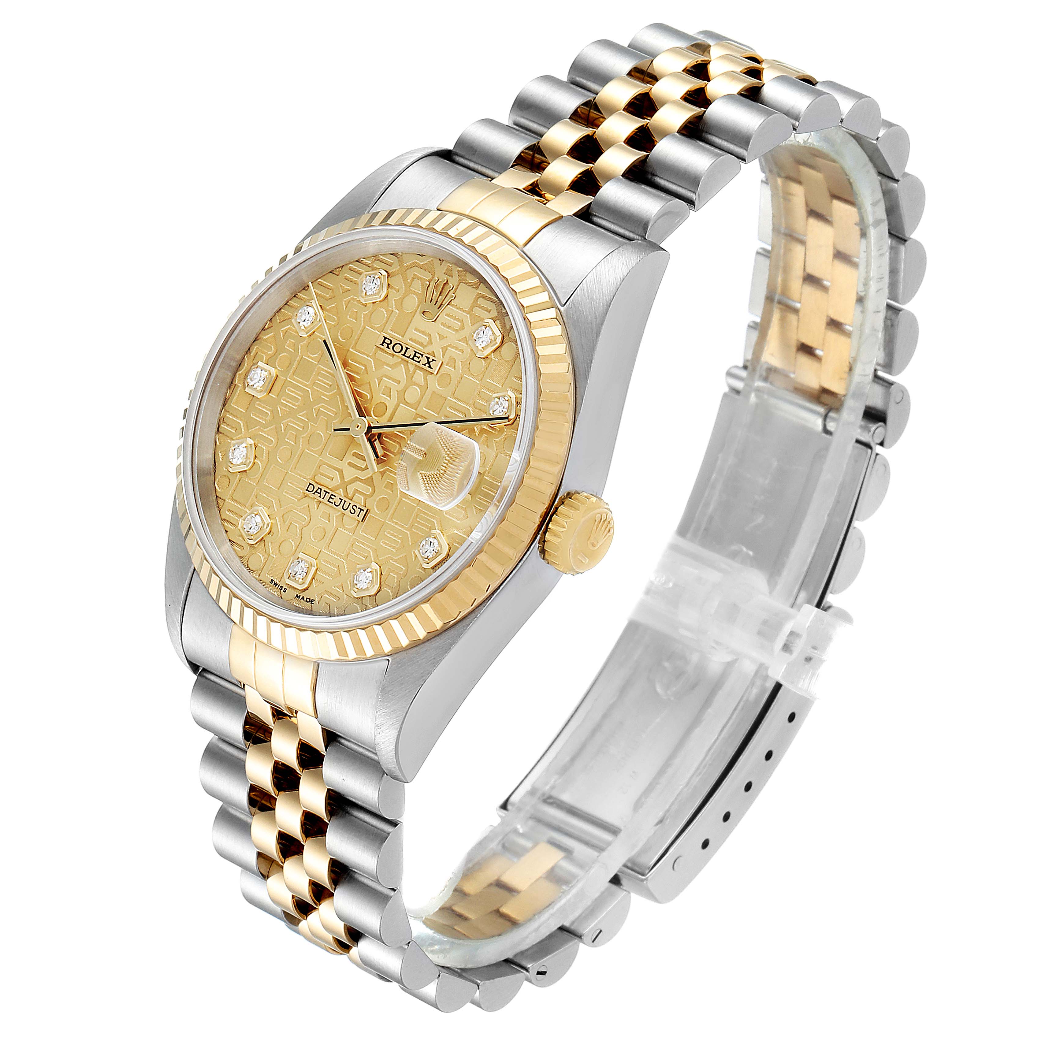 This image shows a Rolex Datejust 16233 Men's Steel and Gold (two tone) Champagne Dial 16233 Men's Steel and Gold (two tone) Champagne Dial watch from a side angle, highlighting its dial, bezel, and two-tone bracelet.