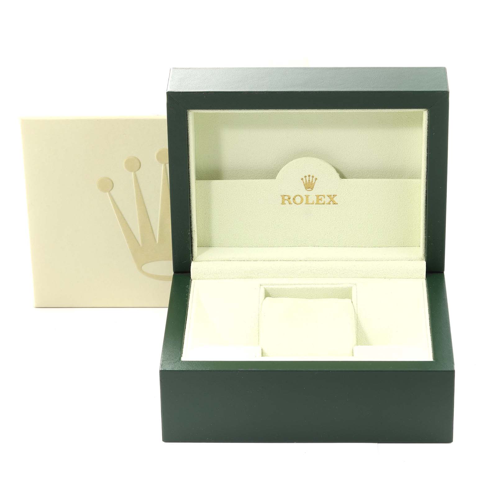 The image shows an open green and cream Rolex Datejust 179173 Women's Steel and Gold (two tone) Mother of Pearl Dial 179173 Women's Steel and Gold (two tone) Mother of Pearl Dial watch box with the cover featuring the Rolex logo in gold.