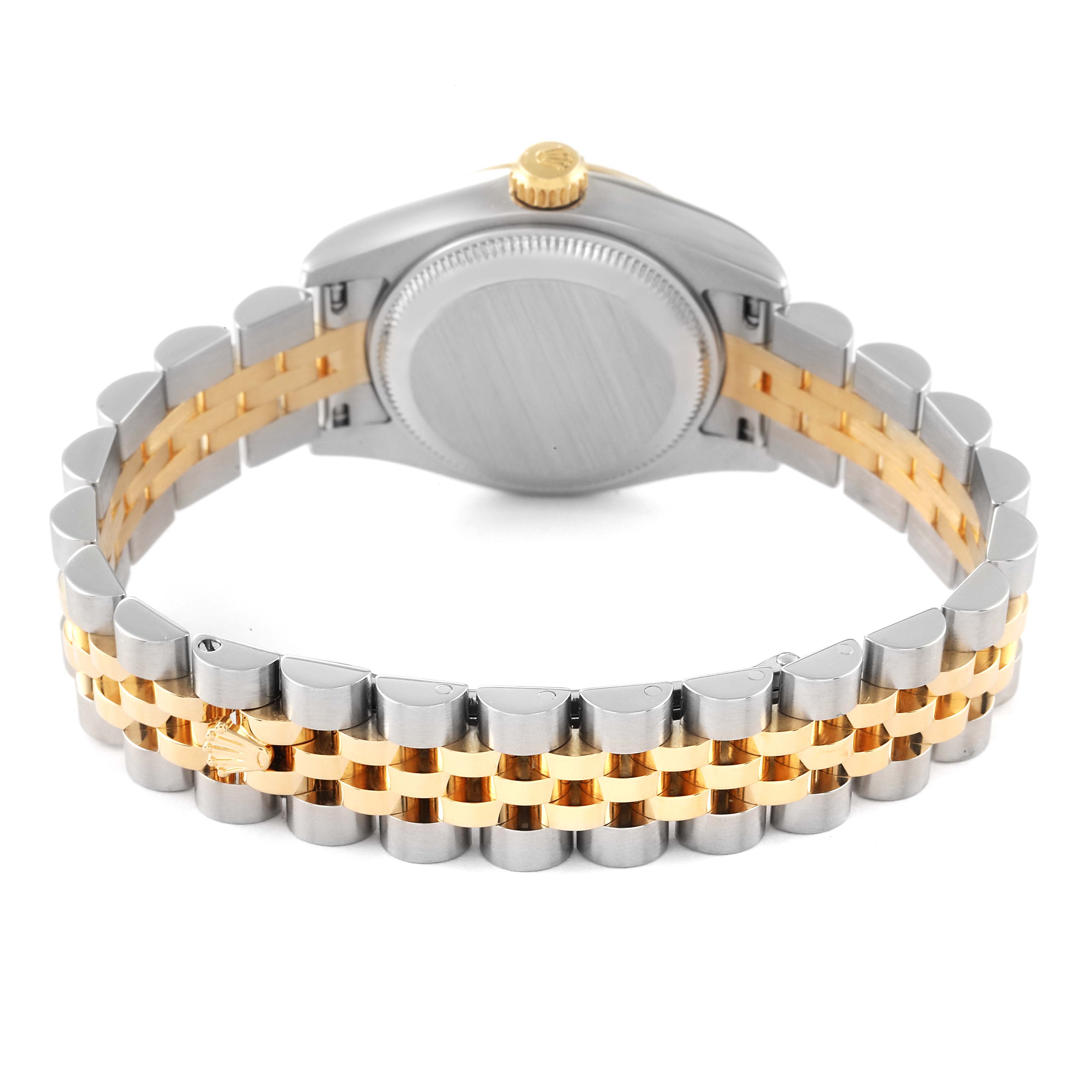 The image shows the back view of a Rolex Datejust 179173 Women's Steel and Gold (two tone) Mother of Pearl Dial 179173 Women's Steel and Gold (two tone) Mother of Pearl Dial watch, highlighting the case back and two-tone bracelet.