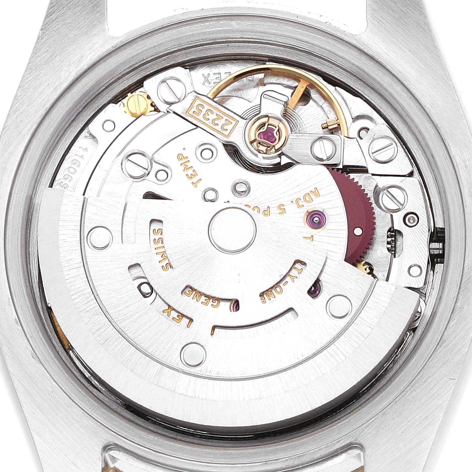 The image shows an overhead view of the open case back of a Rolex Datejust 179173 Women's Steel and Gold (two tone) Mother of Pearl Dial 179173 Women's Steel and Gold (two tone) Mother of Pearl Dial, displaying the movement and internal components.