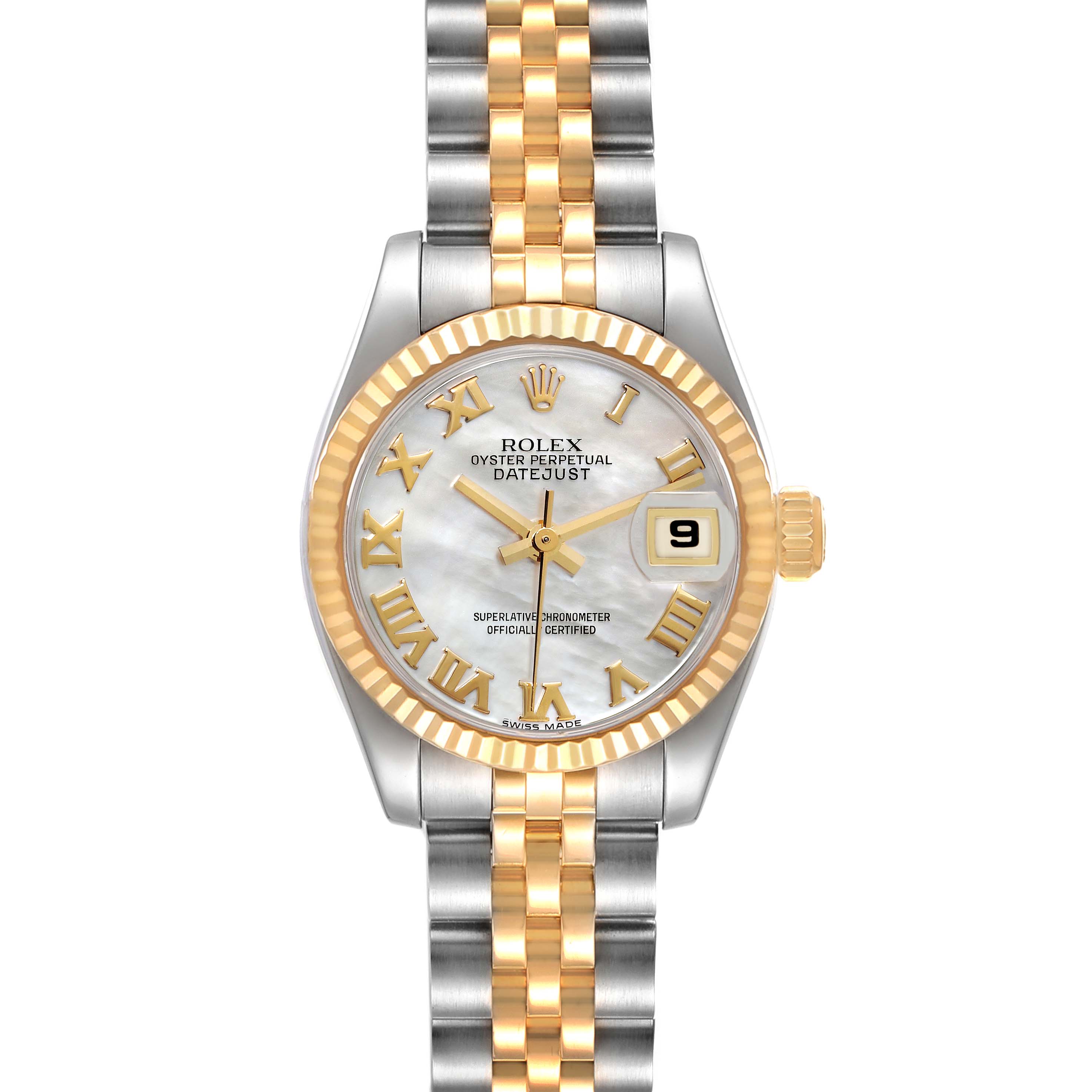 This image shows a front view of a Rolex Datejust 179173 Women's Steel and Gold (two tone) Mother of Pearl Dial 179173 Women's Steel and Gold (two tone) Mother of Pearl Dial watch, showcasing its face, bezel, and two-tone bracelet.