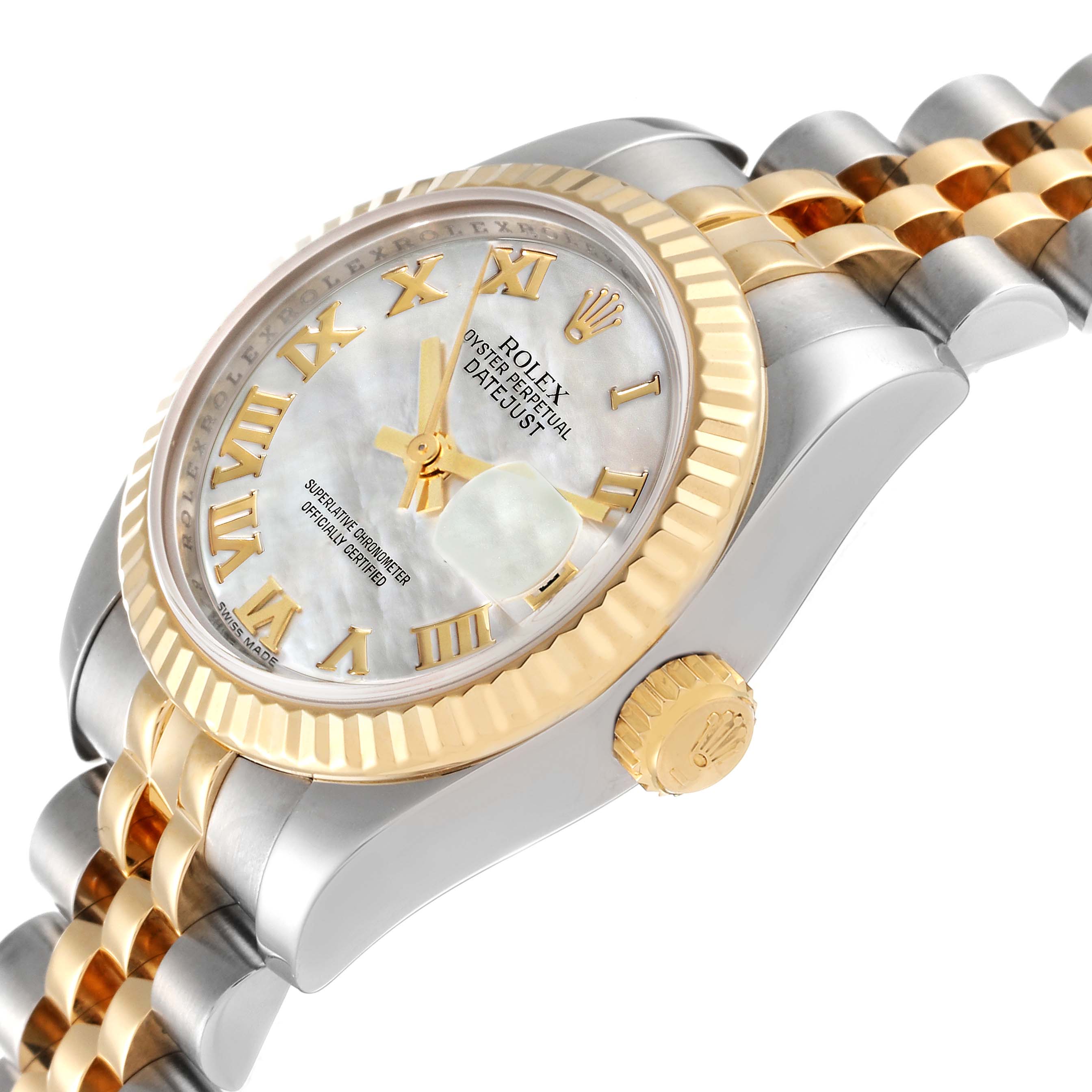 This image shows a close-up of the side and face of a Rolex Datejust 179173 Women's Steel and Gold (two tone) Mother of Pearl Dial 179173 Women's Steel and Gold (two tone) Mother of Pearl Dial watch, highlighting its bezel, crown, and part of the bracelet.